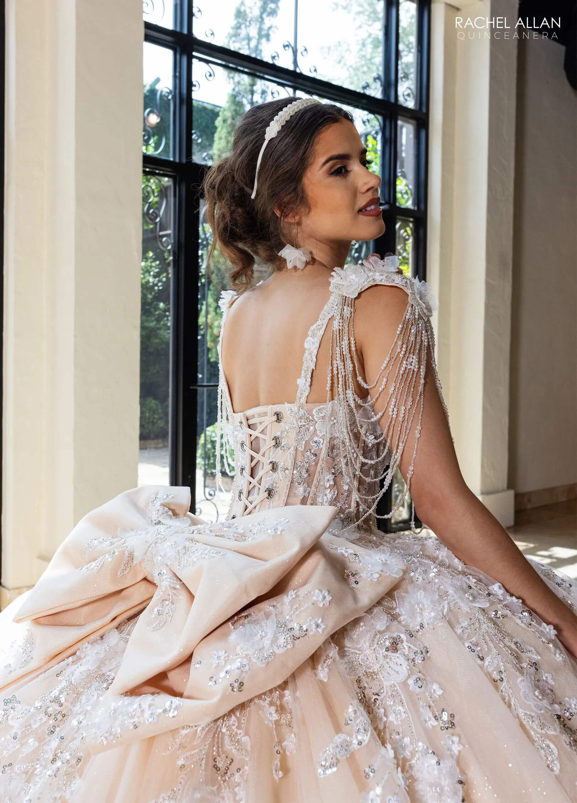 Ivory Champagne Sweetheart Floor Length Glitter Tulle Quinceanera Ball Gown with Beaded Fringe Straps Rachel Allan RQ1182