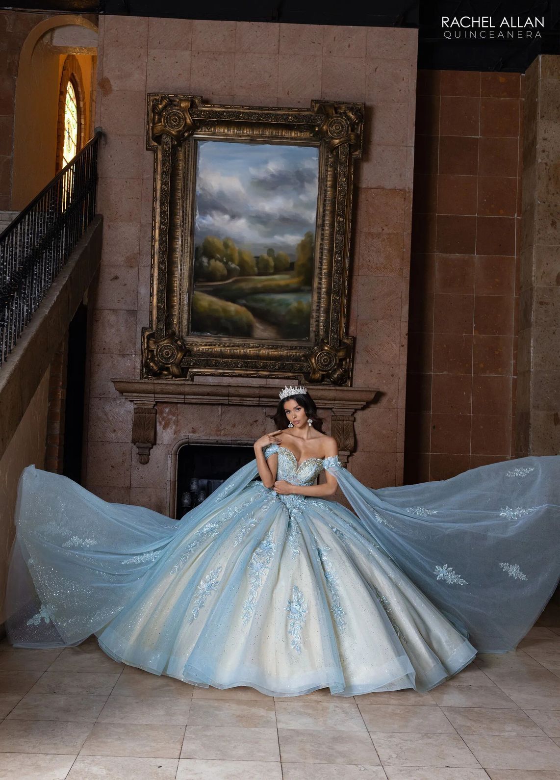 Powder Blue Champagne Sweetheart Floor Length Glitter Tulle Quinceanera Ball Gown with Floral Applique Rachel Allan RQ1166