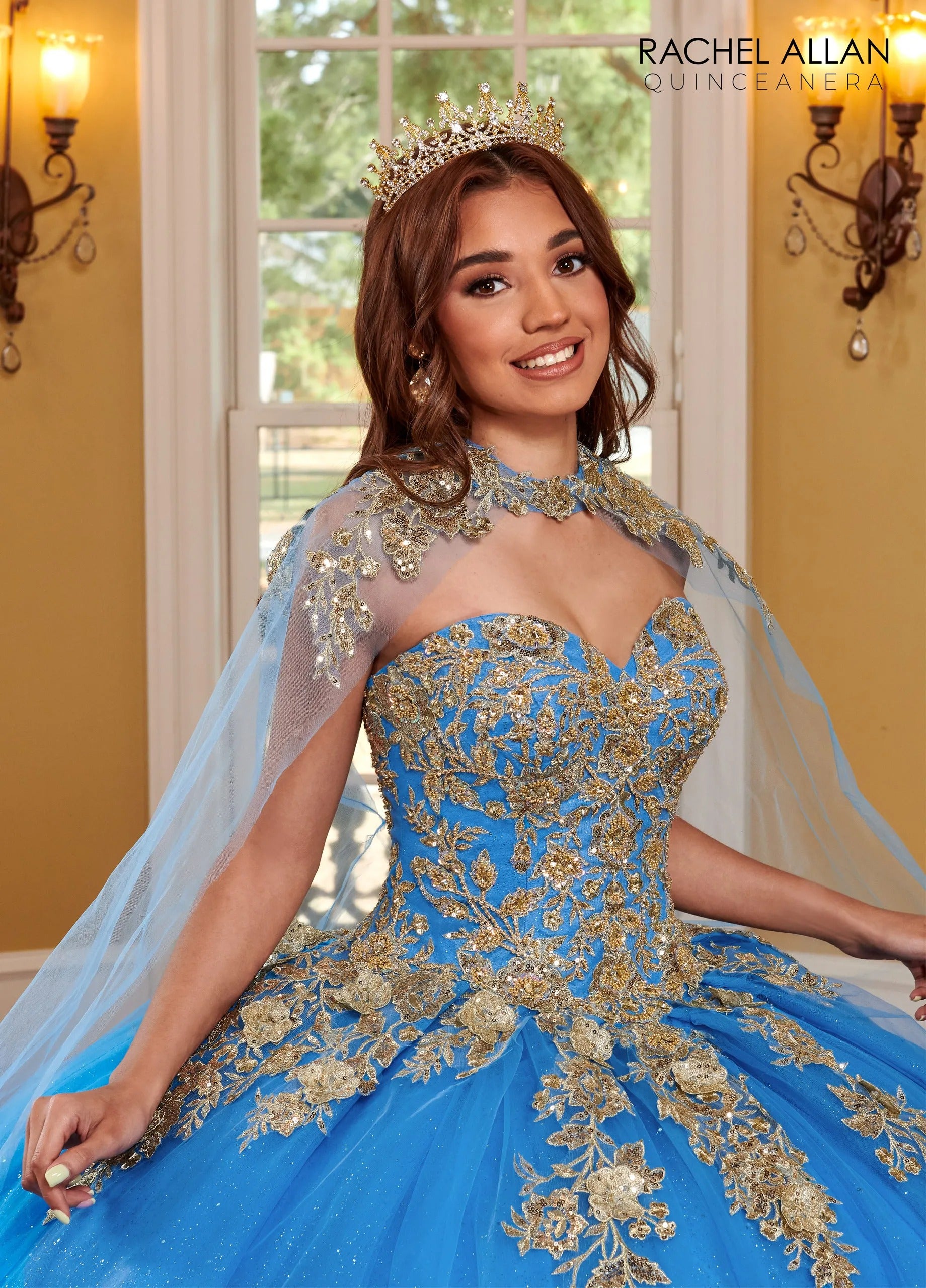 Azure Gold Sweetheart Floor Length Glitter Tulle Quinceanera Ball Gown with Detachable Cape Rachel Allan RQ1111