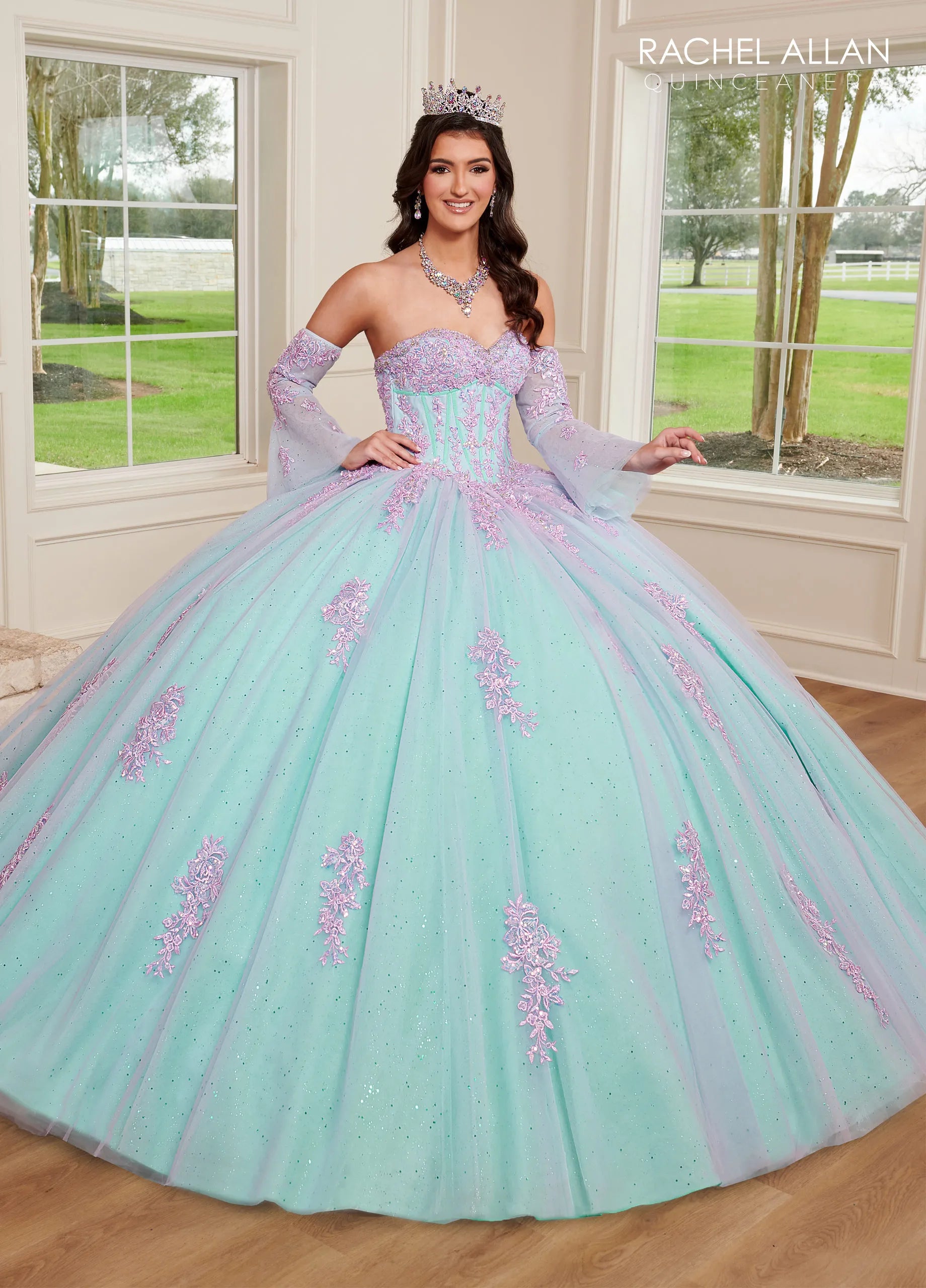 Lilac Aqua Sweetheart Floor-Length Glitter Tulle Quinceanera Ball Gown with Detachable Bell Sleeves Rachel Allan RQ1120