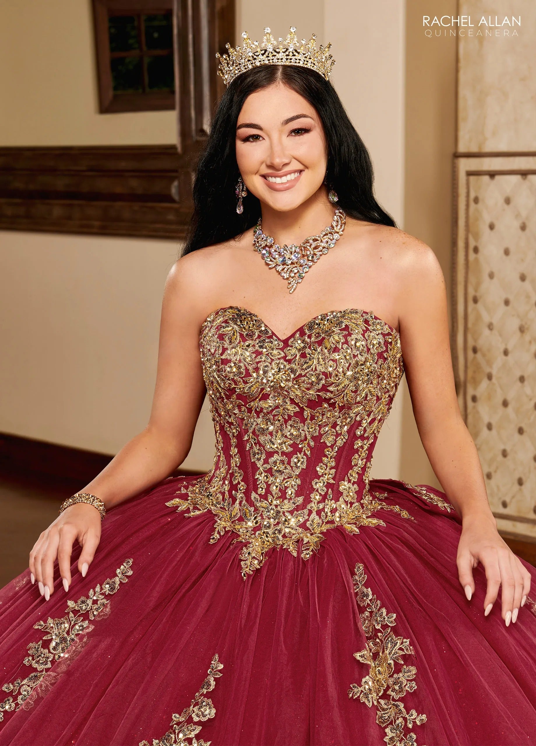 Burgundy Gold Sweetheart Floor Length Glitter Tulle Quinceanera Ball Gown with Corset Back Rachel Allan MQ1109