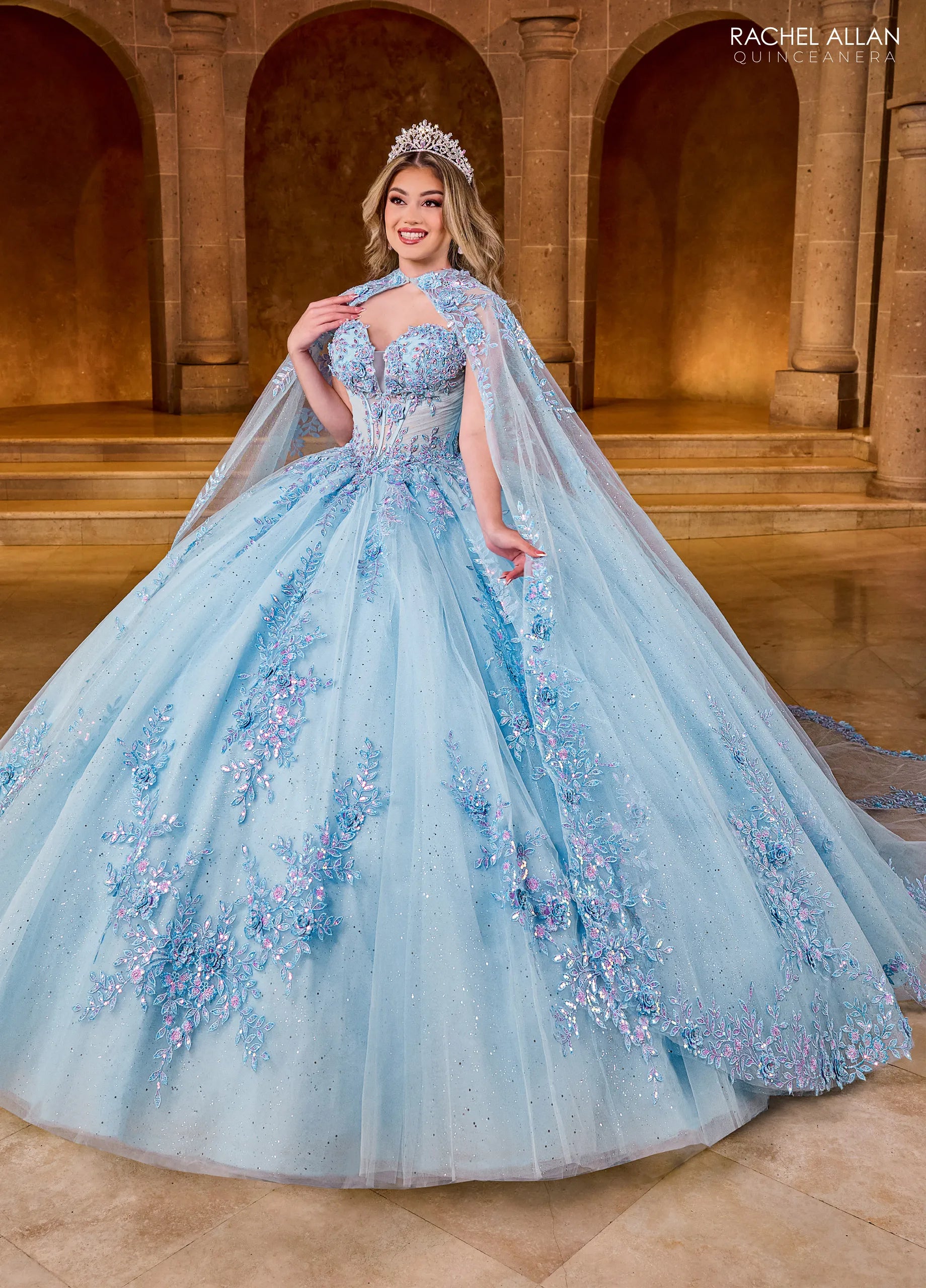 Light Blue Multi Sweetheart Floor Length Tulle Quinceanera Ball Gown with Floral Applique Rachel Allan RQ1148