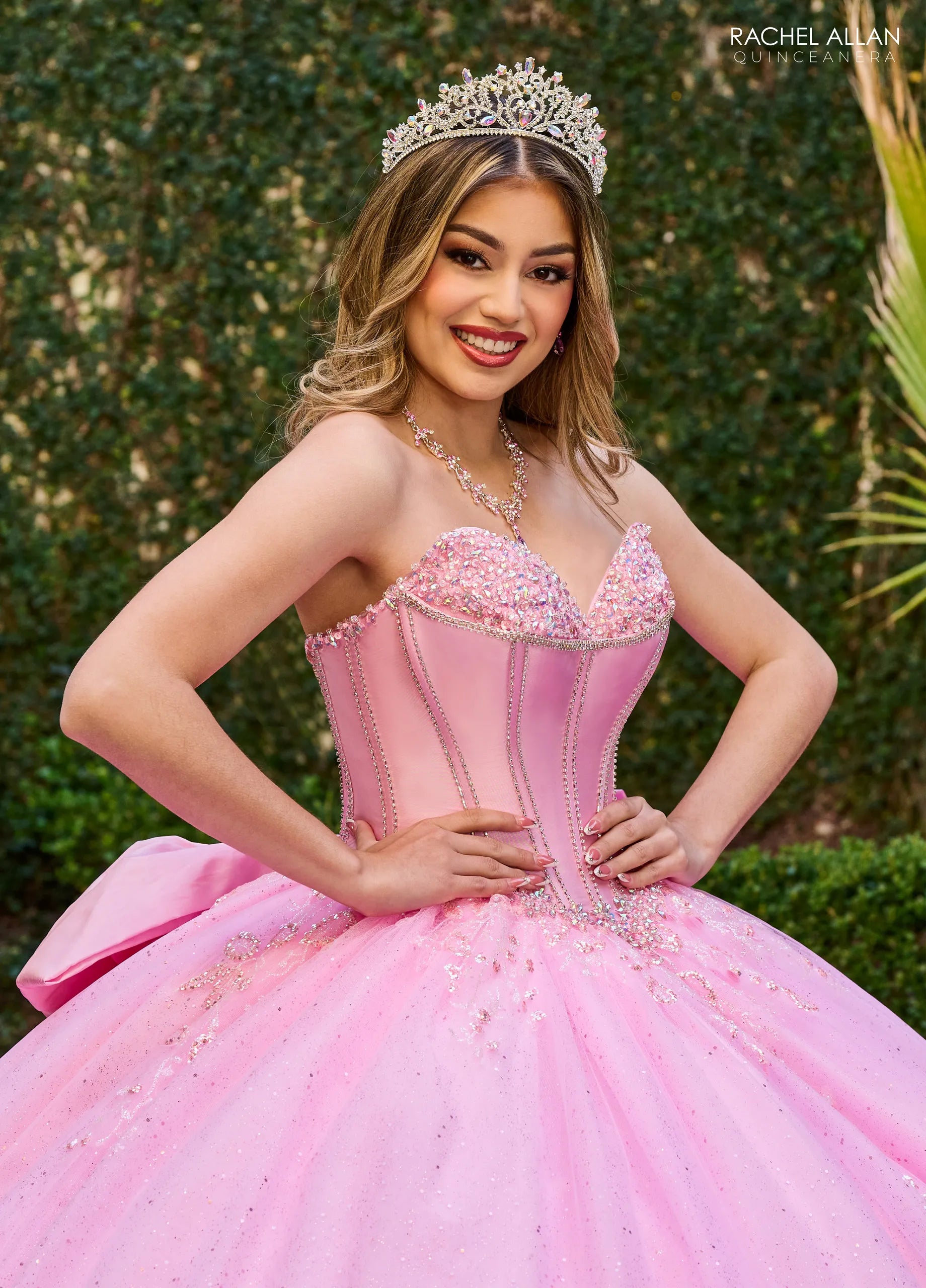 Pink Sweetheart Floor Length Tulle Quinceanera Ball Gown with Puff Sleeves Rachel Allan RQ1142