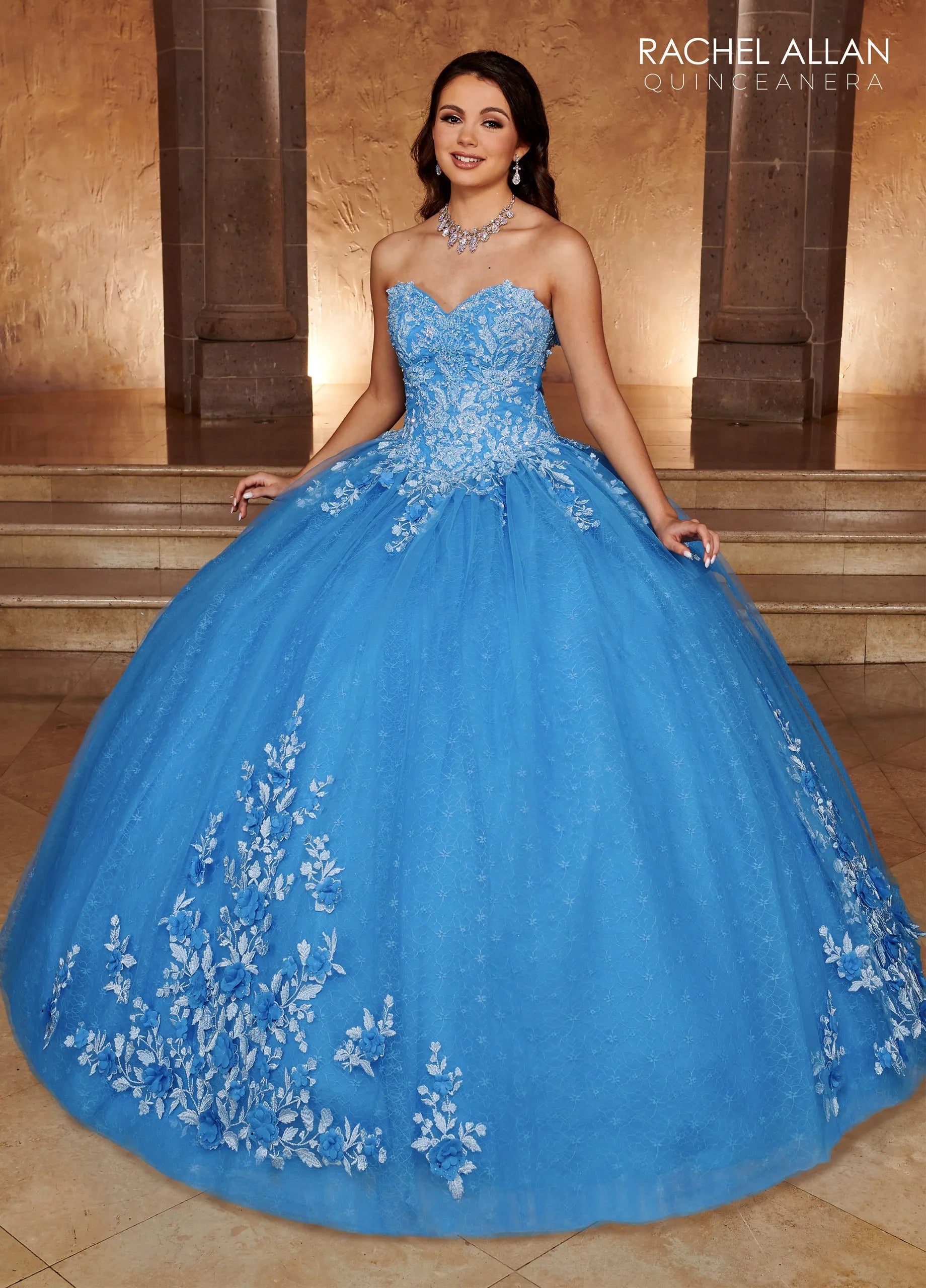 Azure Off-the-Shoulder Floor-Length Glitter Tulle Quinceanera Ball Gown with Lace Applique Rachel Allan RQ1112