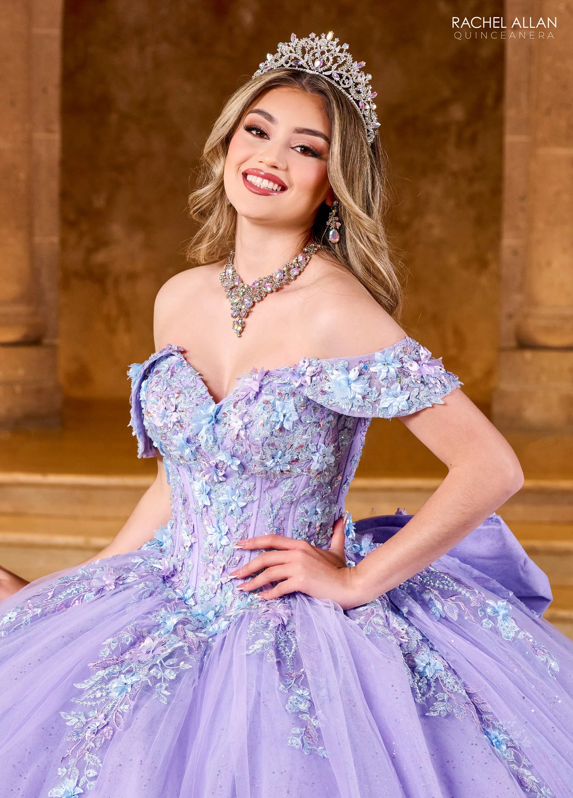 Lilac Multi Off the Shoulder Floor Length Glitter Tulle Quinceanera Ball Gown with Floral Embroidery Rachel Allan RQ1153