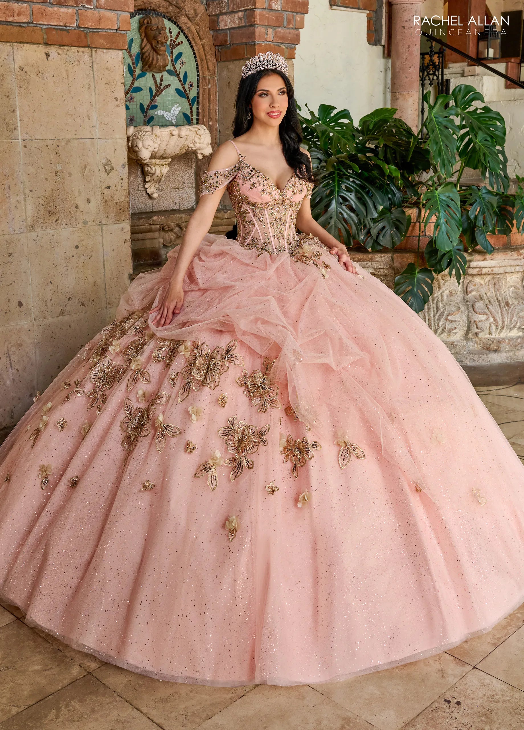 Blush Gold Sweetheart Floor Length Tulle Quinceanera Ball Gown with Floral Applique Cape Rachel Allan RQ1144