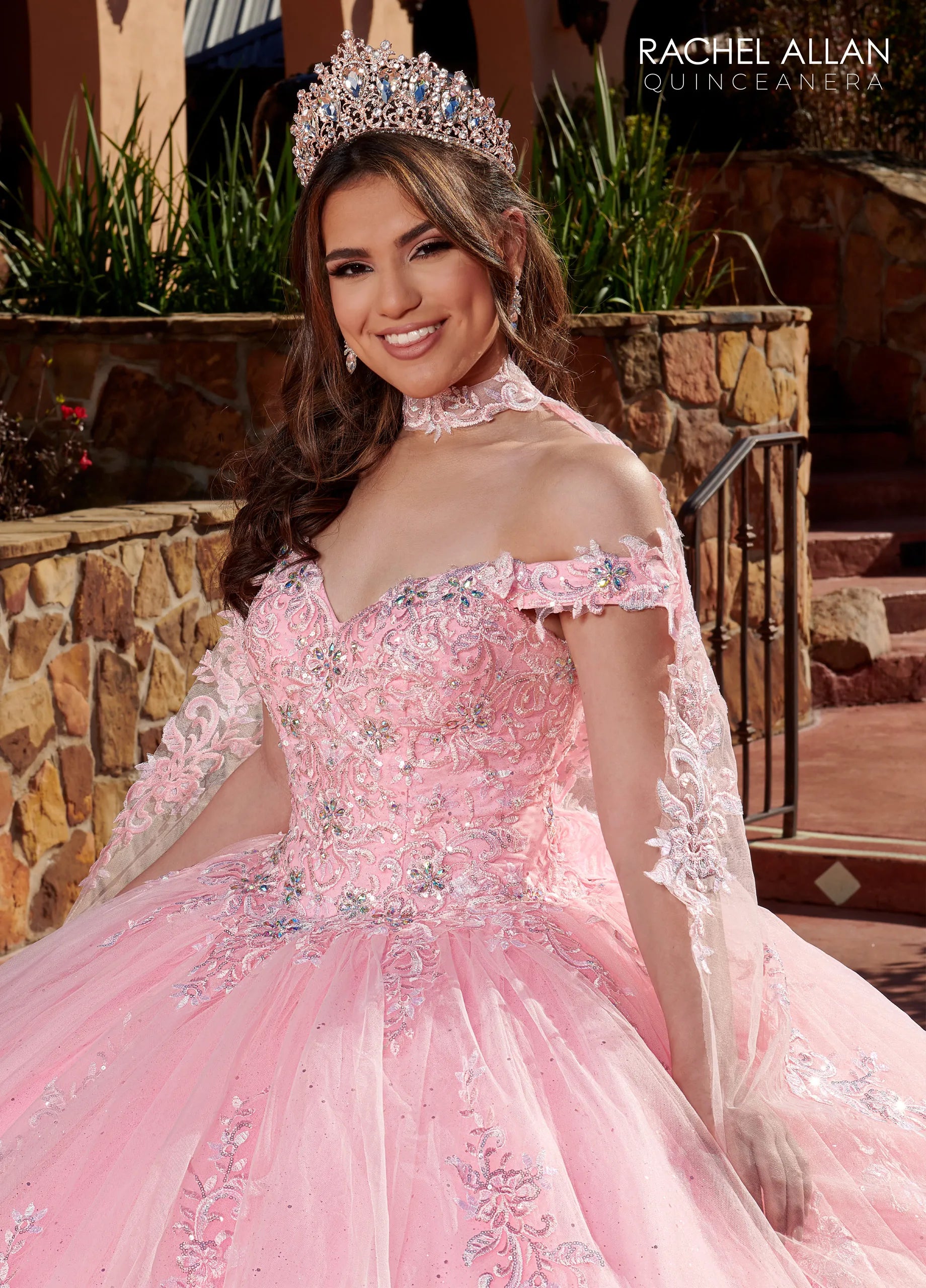 Pink Off-the-Shoulder Floor-Length Glitter Tulle Quinceañera Gown with Lace Appliqué Beading and Lace-Up Back Rachel Allan RQ1121