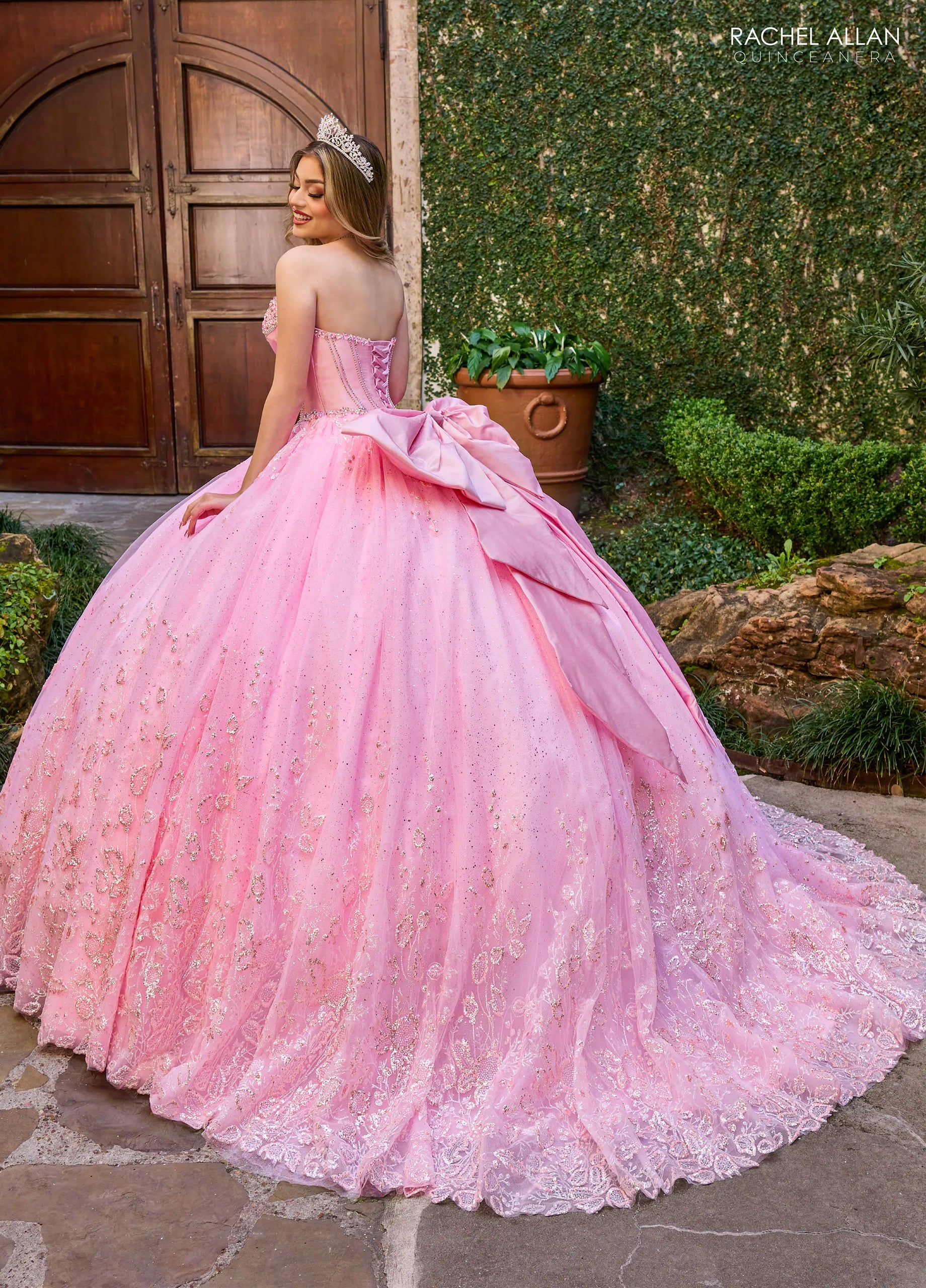 Pink Sweetheart Floor Length Tulle Quinceanera Ball Gown with Puff Sleeves Rachel Allan RQ1142