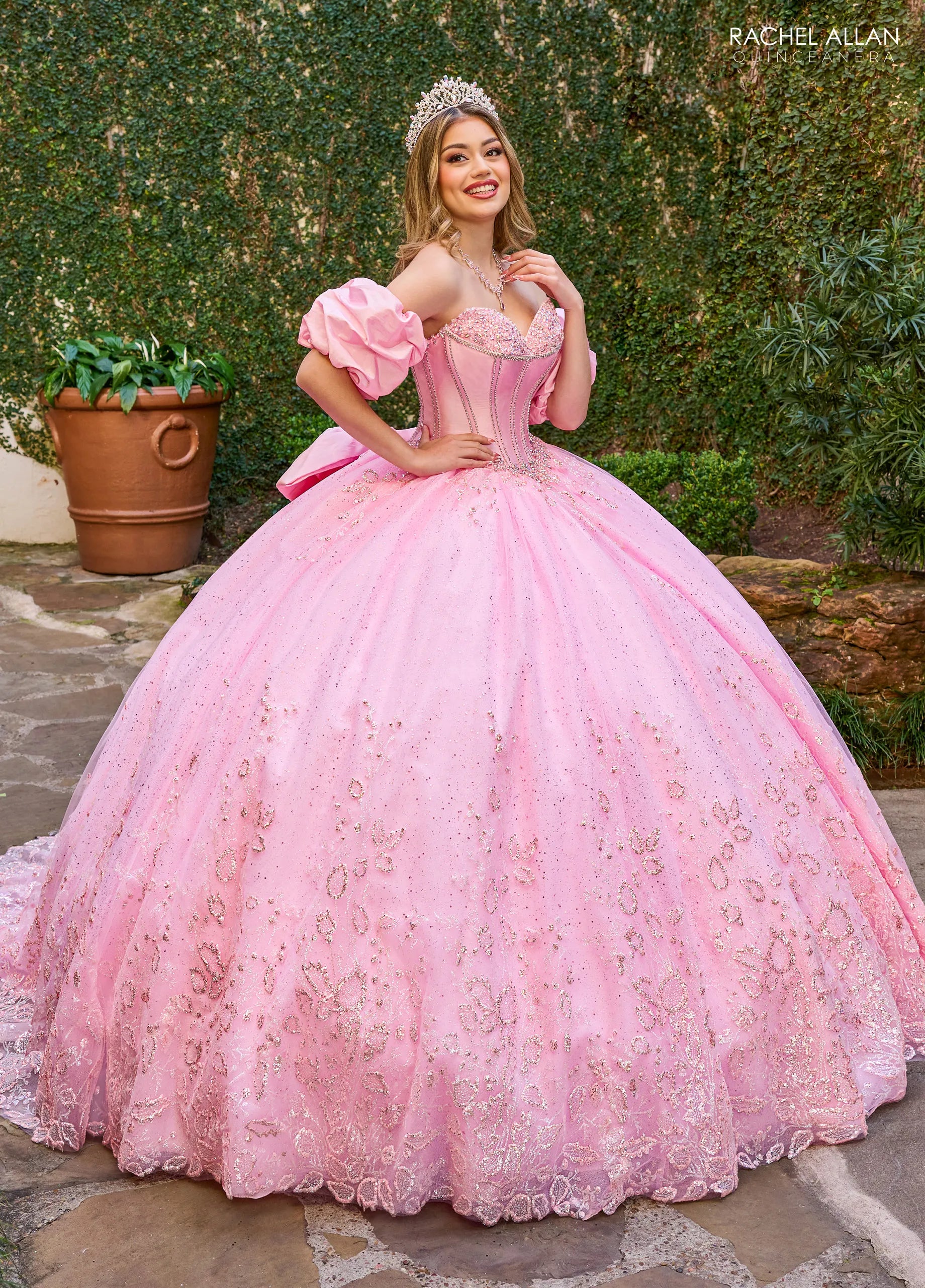 Pink Sweetheart Floor Length Tulle Quinceanera Ball Gown with Puff Sleeves Rachel Allan RQ1142