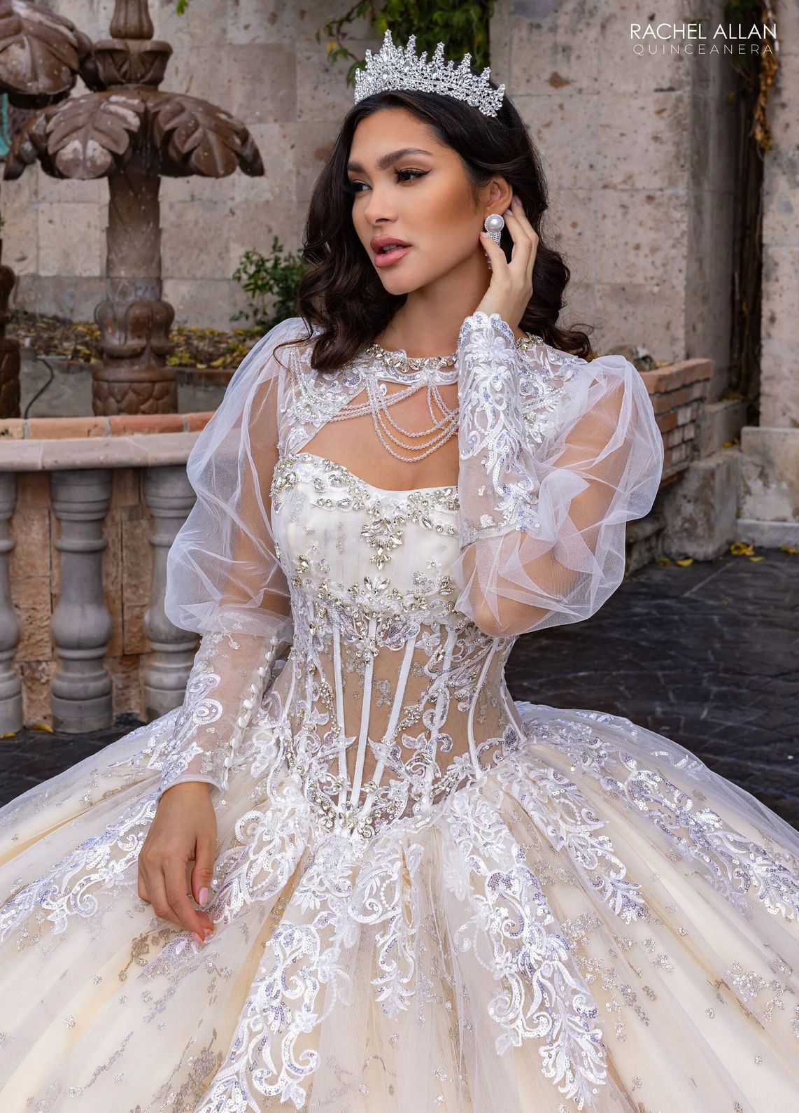 Ivory Champagne High Neck Floor Length Glitter Tulle Quinceanera Ball Gown with Detachable Sleeves Rachel Allan RQ1172