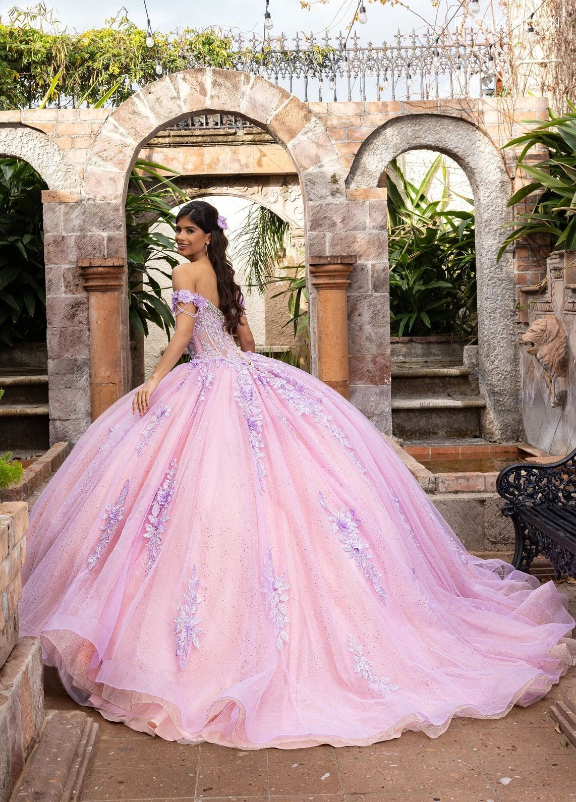 Lilac Pink Sweetheart Floor Length Glitter Tulle Quinceanera Ball Gown with Floral Applique Rachel Allan RQ1166