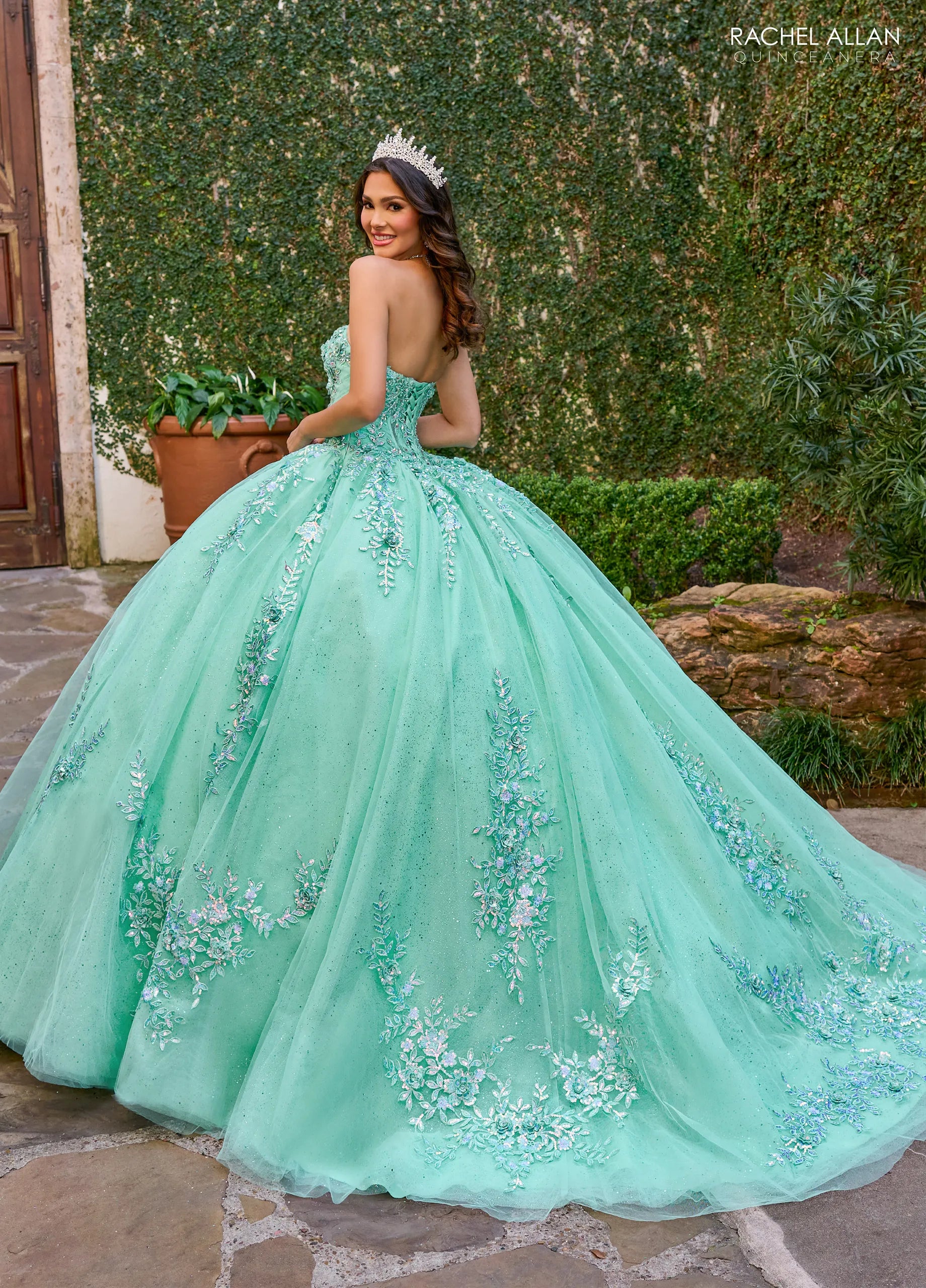 Mint Multi Sweetheart Floor Length Tulle Quinceanera Ball Gown with Floral Applique Rachel Allan RQ1148