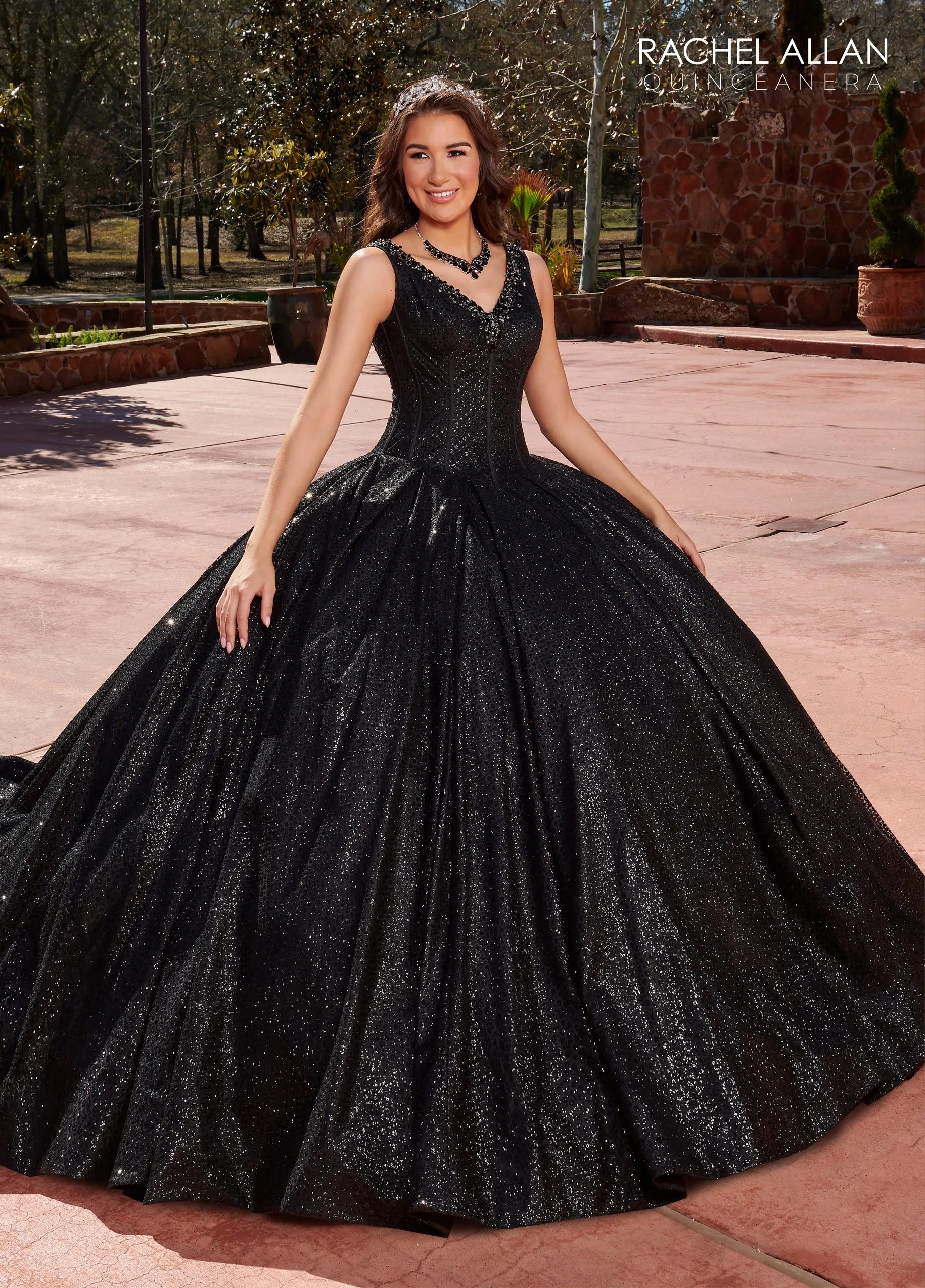 Black V Neck Floor Length Glitter Tulle Quinceanera Ball Gown with Corset Bodice and Royal Train Rachel Allan RQ1127
