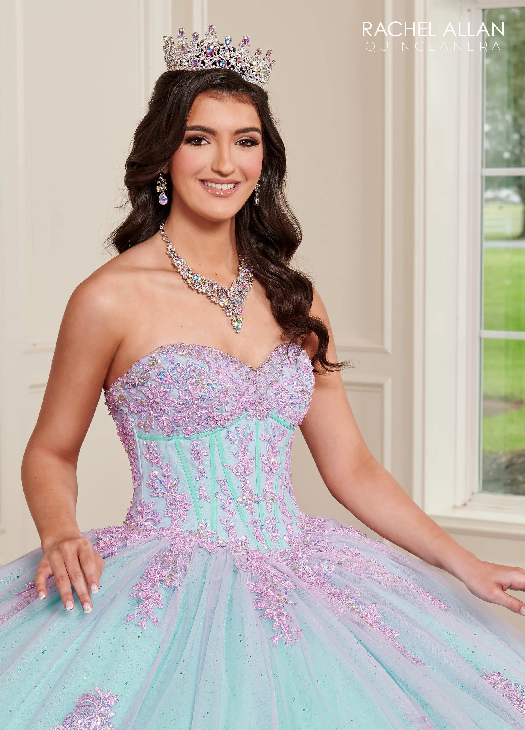 Lilac Aqua Sweetheart Floor-Length Glitter Tulle Quinceanera Ball Gown with Detachable Bell Sleeves Rachel Allan RQ1120