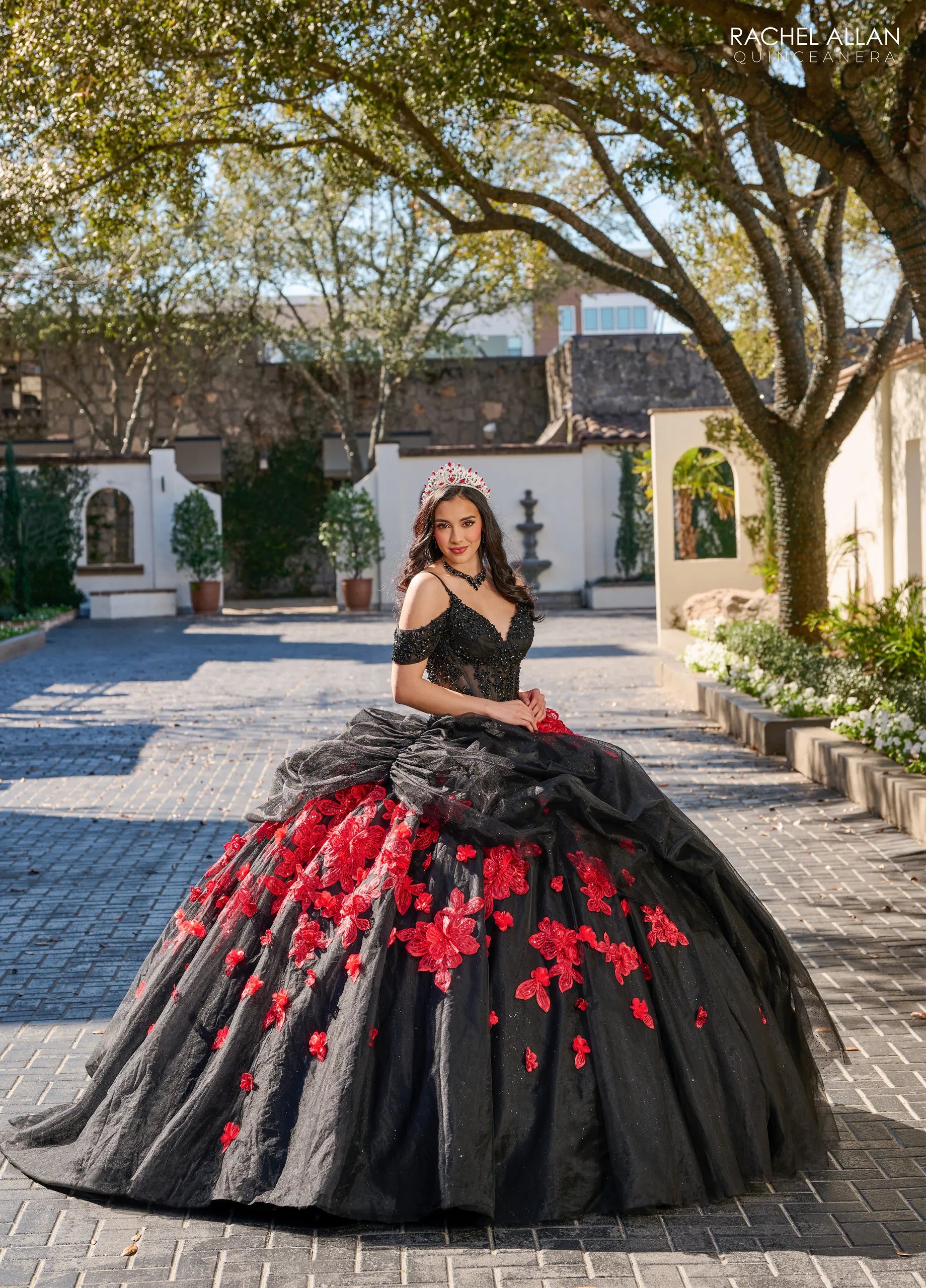 Black Red Sweetheart Floor Length Tulle Quinceanera Ball Gown with Floral Applique Cape Rachel Allan RQ1144