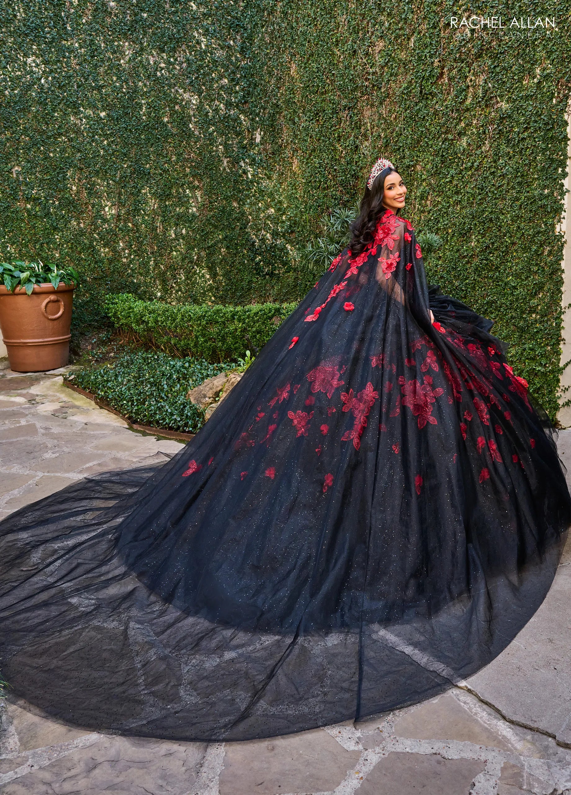 Black Red Sweetheart Floor Length Tulle Quinceanera Ball Gown with Floral Applique Cape Rachel Allan RQ1144