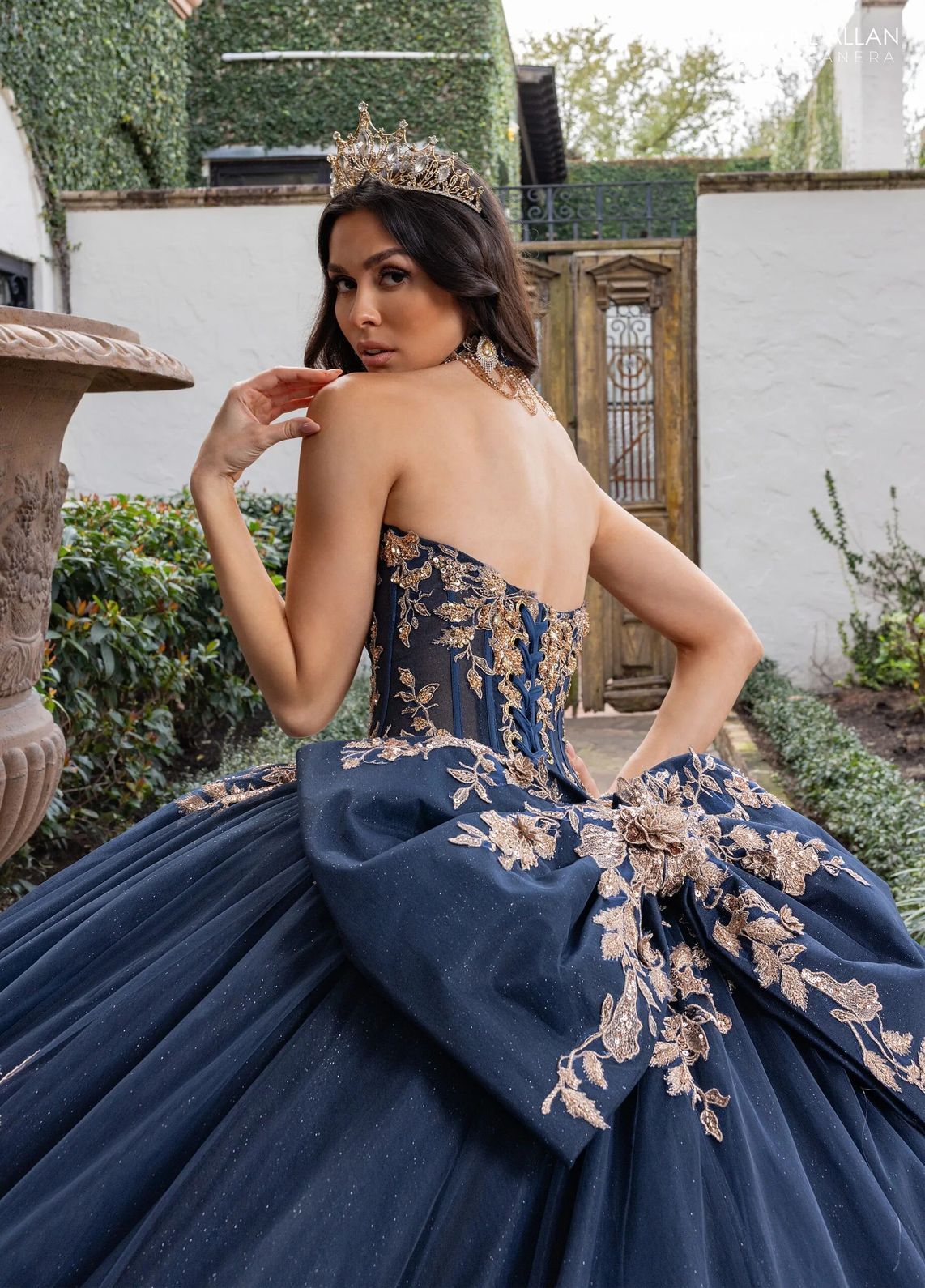 Navy Rose Gold Sweetheart Floor Length Glitter Tulle Quinceanera Ball Gown with 3D Floral Applique Rachel Allan RQ1168