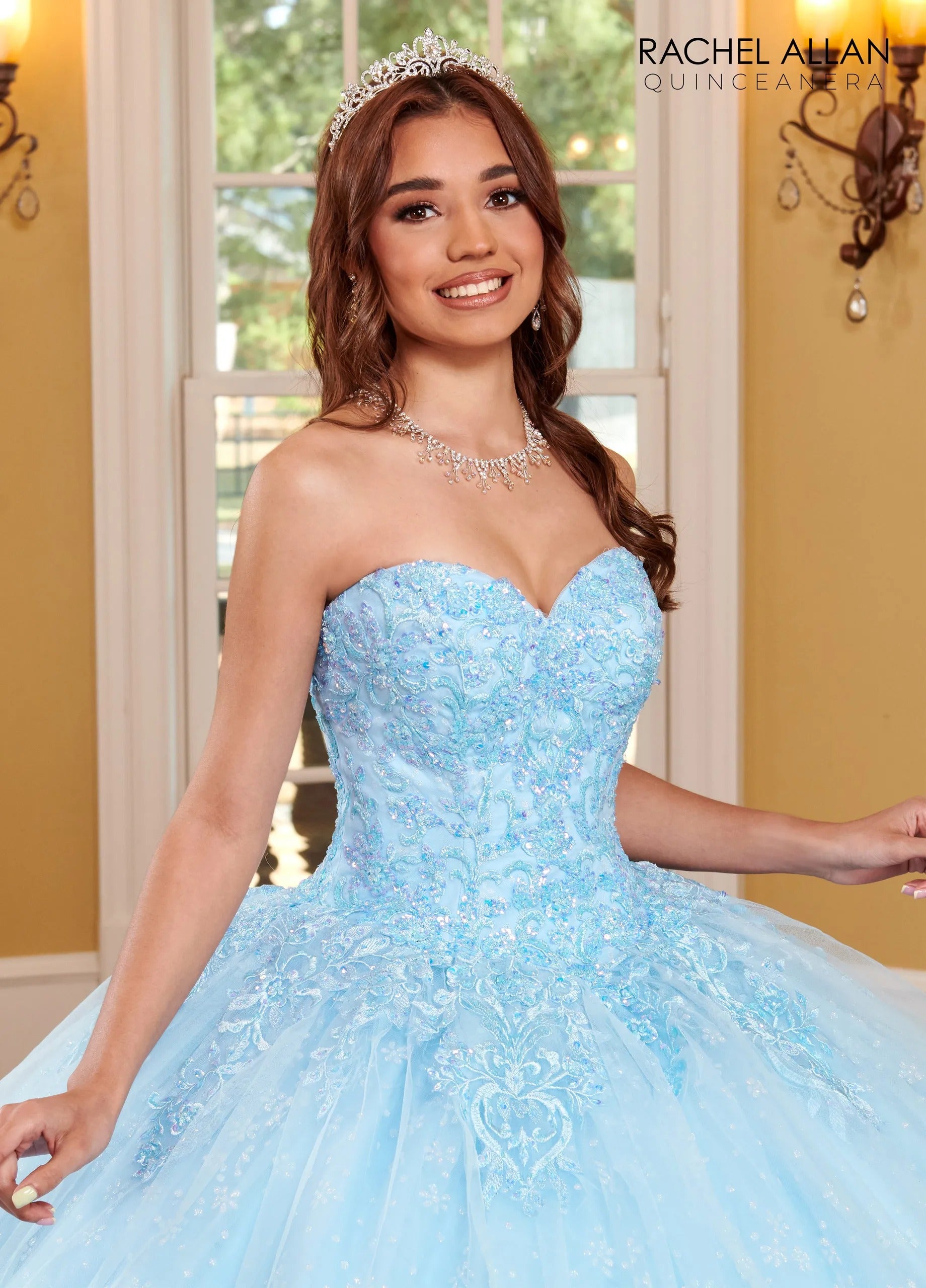 Light Blue Sweetheart Glitter Tulle Quinceanera Ball Gown with Bead Embellishments Rachel Allan RQ1116