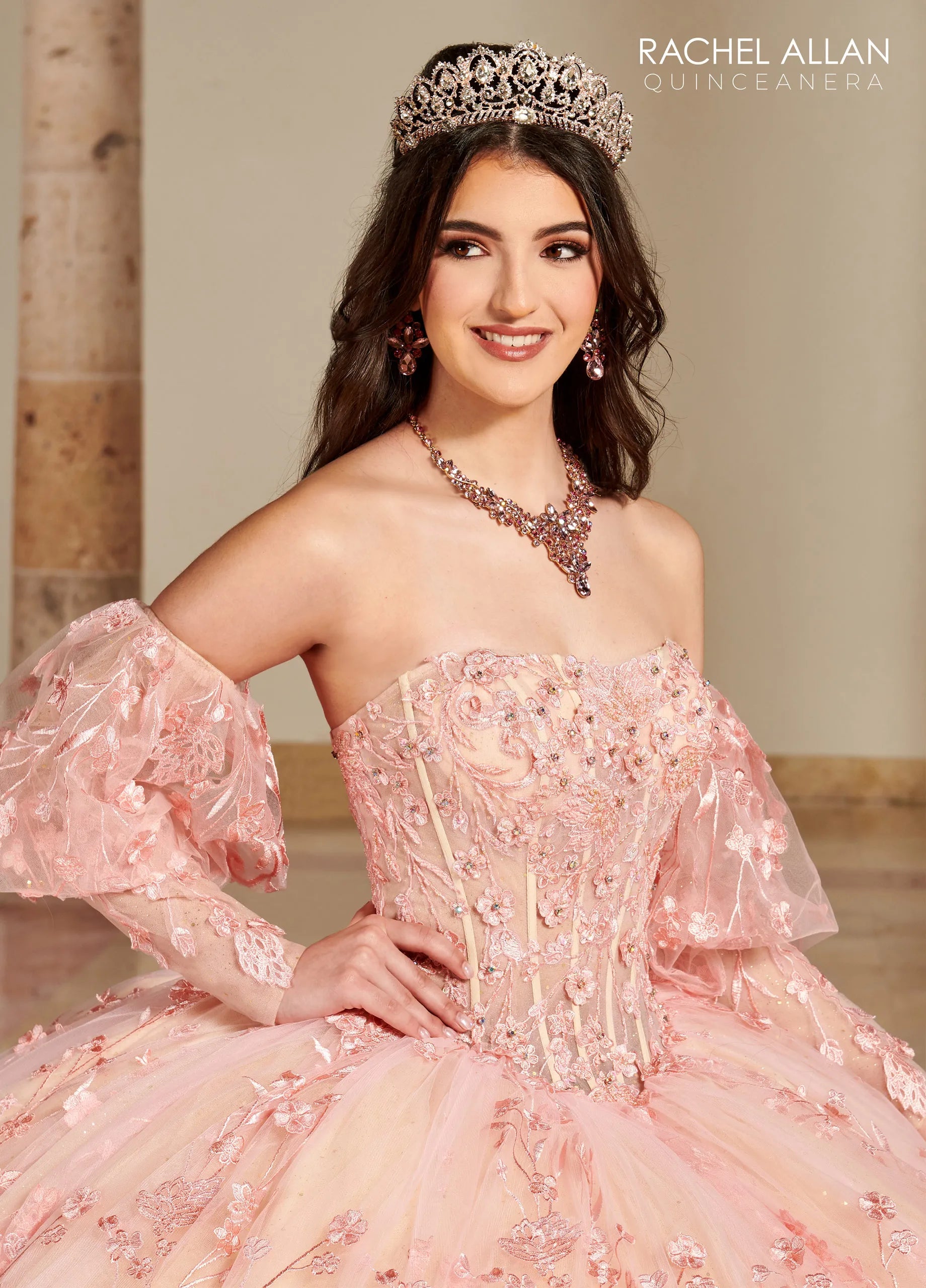 Blush Champagne Sweetheart Floor-Length Glitter Tulle Quinceañera Gown with Detachable Puff Sleeves and Bolero Jacket Rachel Allan RQ1123