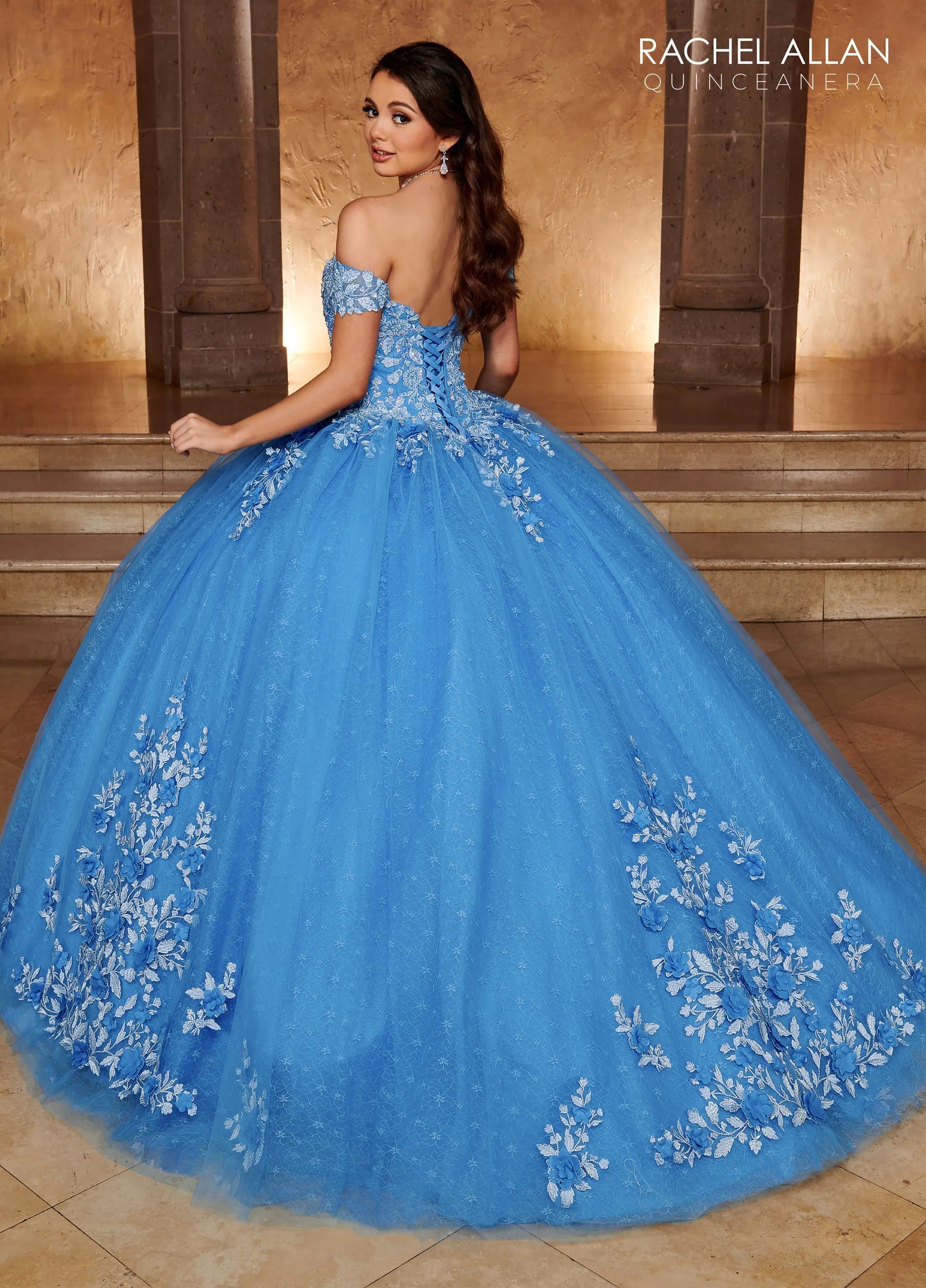 Azure Off-the-Shoulder Floor-Length Glitter Tulle Quinceanera Ball Gown with Lace Applique Rachel Allan RQ1112
