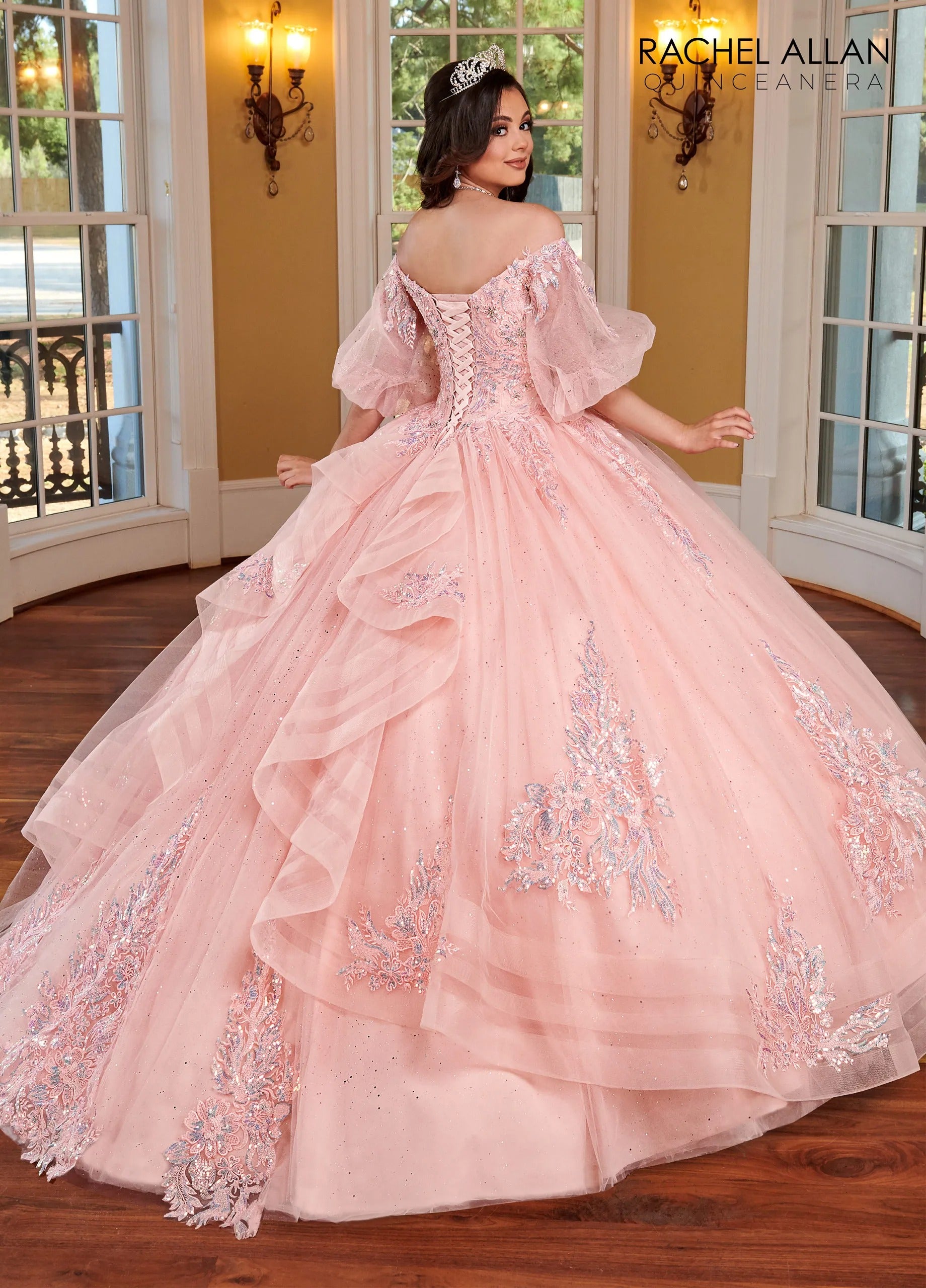 Blush Off the Shoulder Floor Length Glitter Tulle Quinceanera Ball Gown with Puff Sleeves Rachel Allan RQ1110