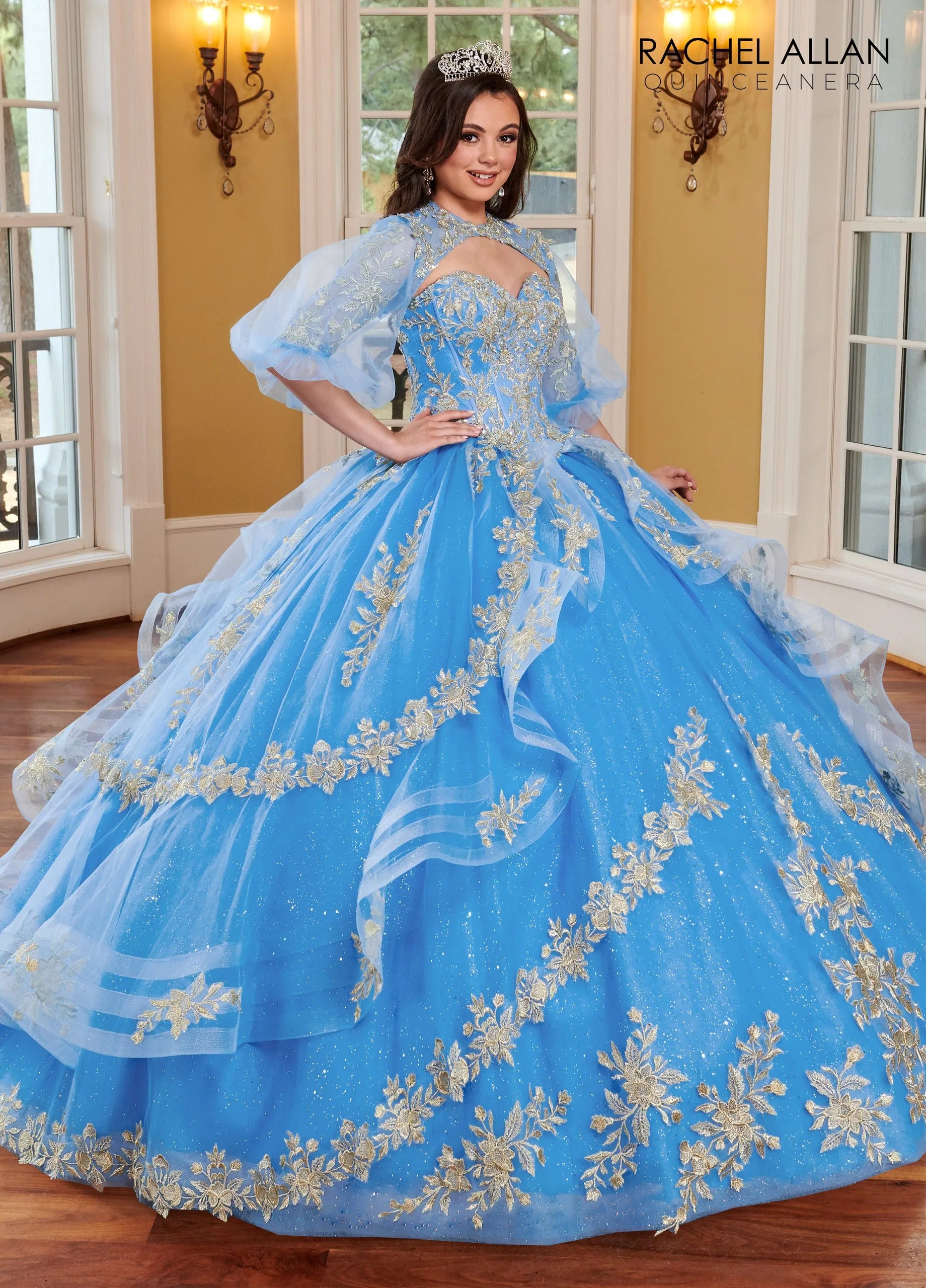 Azure Gold Sweetheart Floor Length Glitter Tulle Quinceanera Ball Gown with Corset Bodice Rachel Allan MQ1118