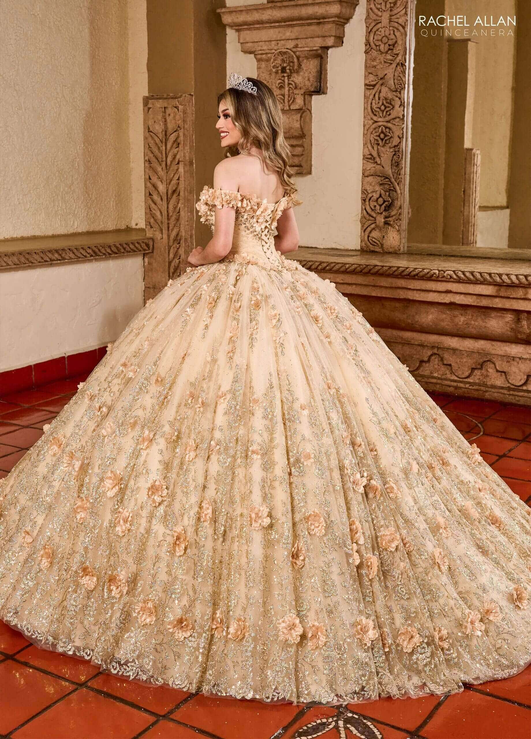 Champagne Gold Off the Shoulder Floor Length Tulle Quinceanera Ball Gown with Floral Appliqué Rachel Allan RQ1141
