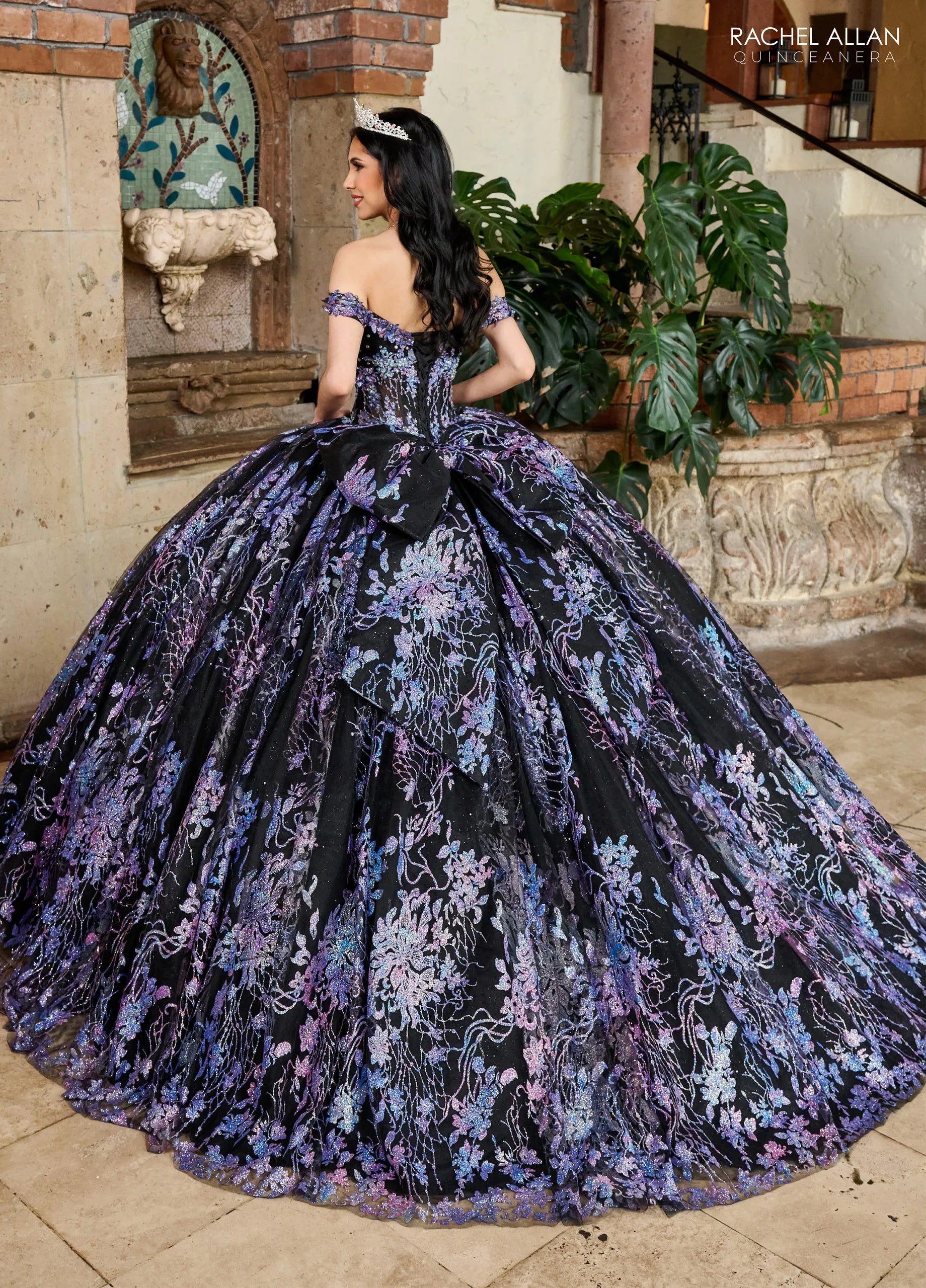 Black Multi Off the Shoulder Floor Length Glitter Tulle Quinceanera Ball Gown Rachel Allan RQ1146