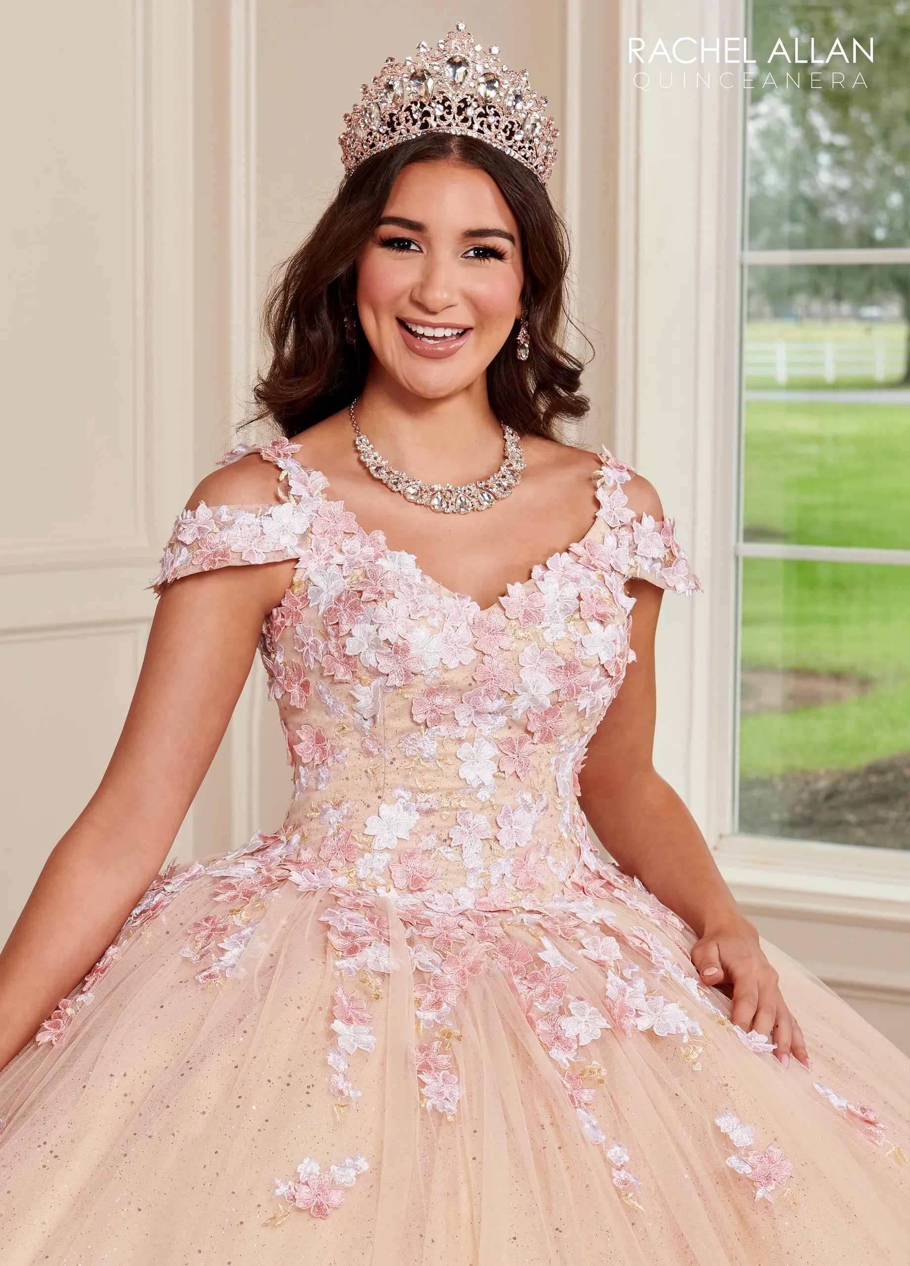 V-Neck Floor-Length Glitter Tulle Quinceanera Ball Gown with 3D Flowers Rachel Allan RQ1125