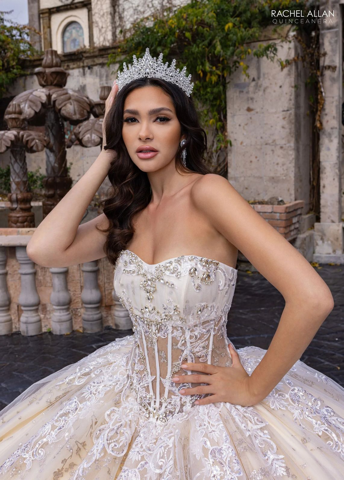 Ivory Champagne High Neck Floor Length Glitter Tulle Quinceanera Ball Gown with Detachable Sleeves Rachel Allan RQ1172