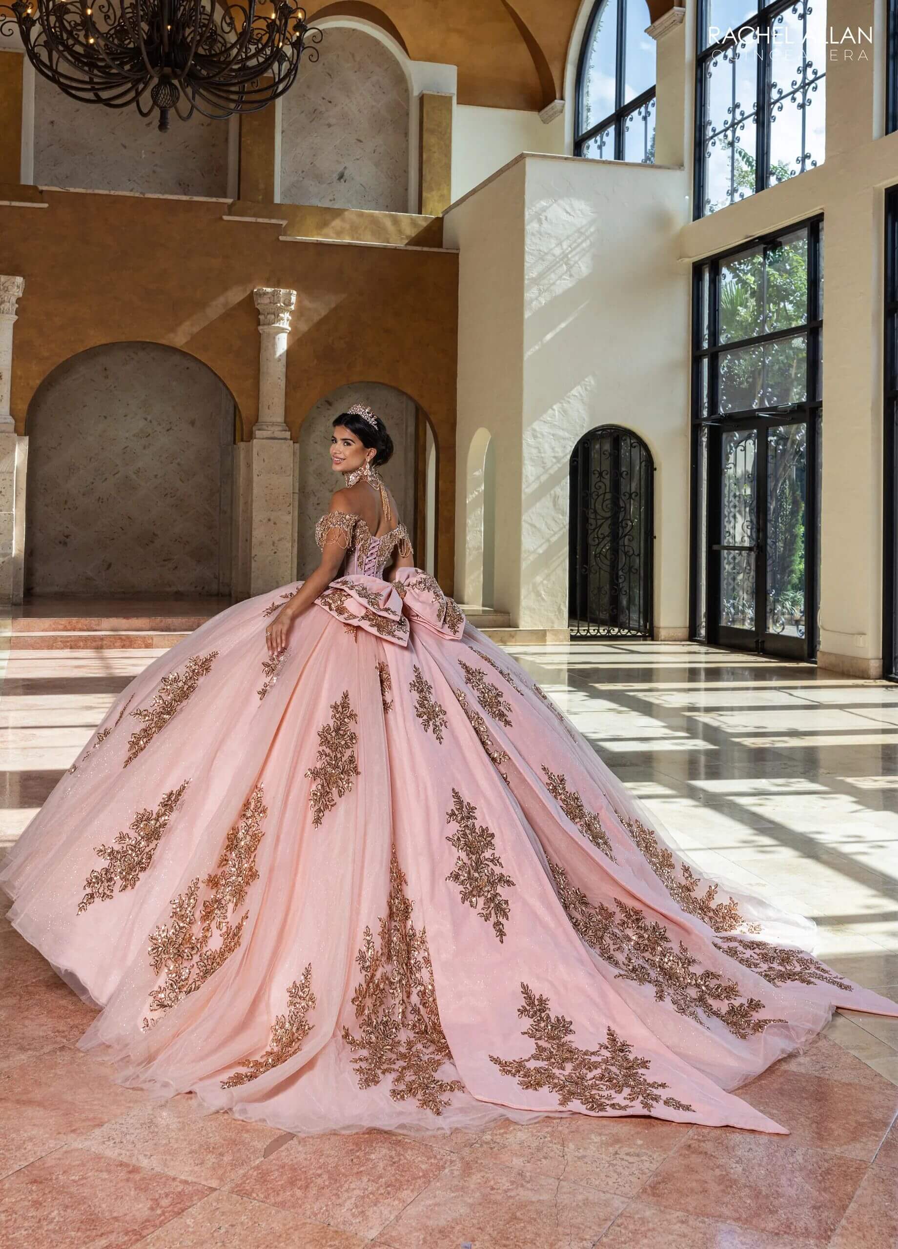 Rose Gold Off the Shoulder Floor Length Glitter Tulle Quinceanera Ball Gown Rachel Allan RQ1183