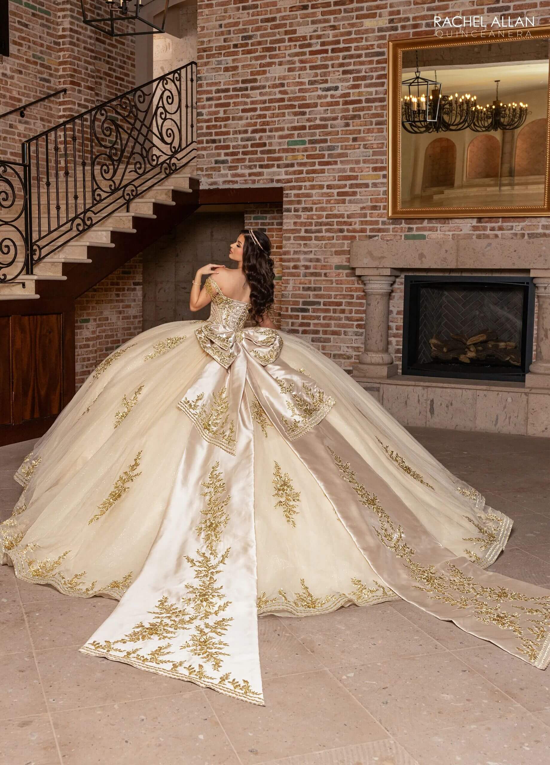 Champagne Gold Off the Shoulder Floor Length Glitter Tulle Quinceanera Ball Gown with Detachable Bow Rachel Allan RQ1187