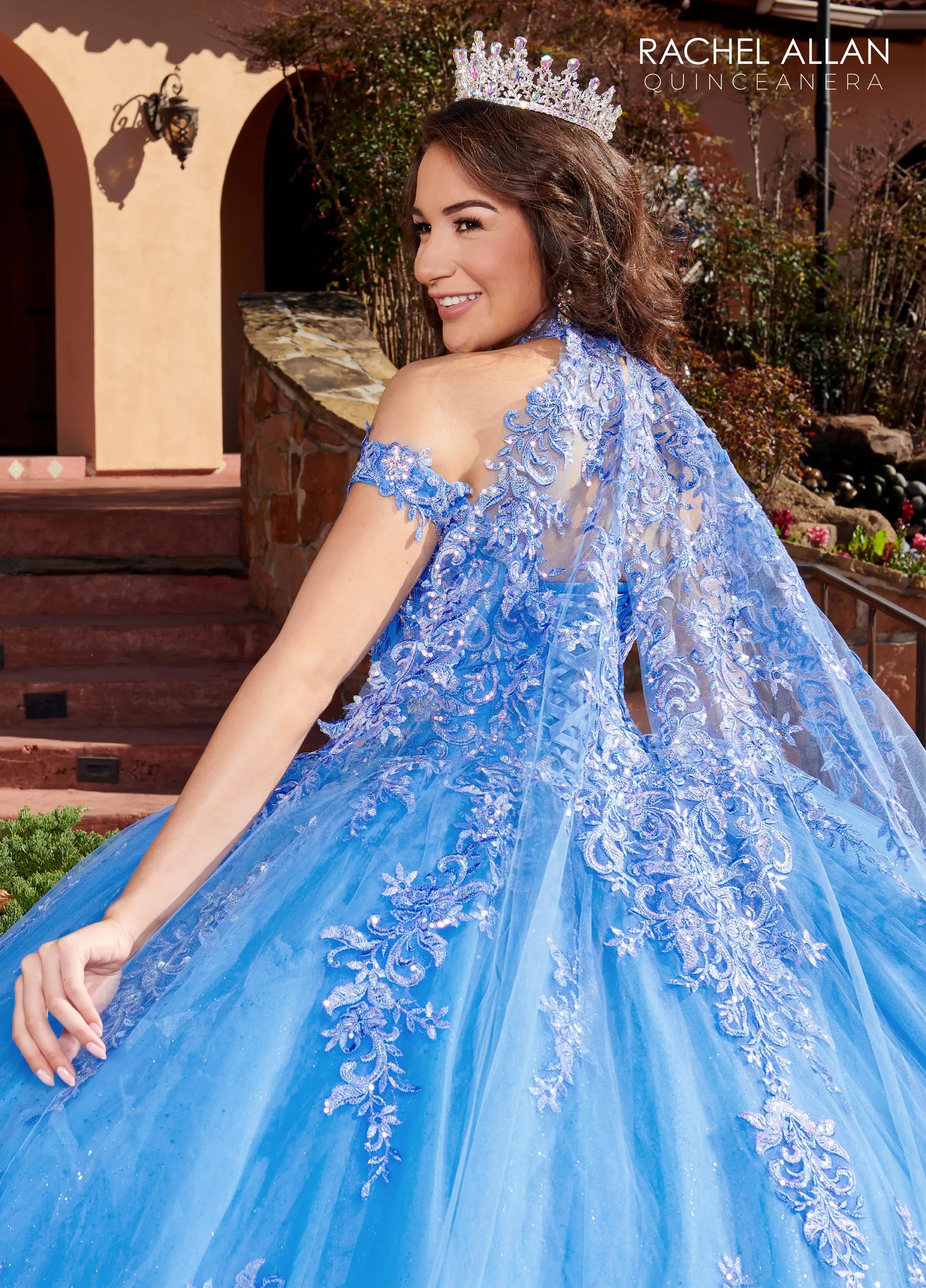 Azure Off-the-Shoulder Floor-Length Glitter Tulle Quinceañera Gown with Lace Appliqué Beading and Lace-Up Back Rachel Allan RQ1121