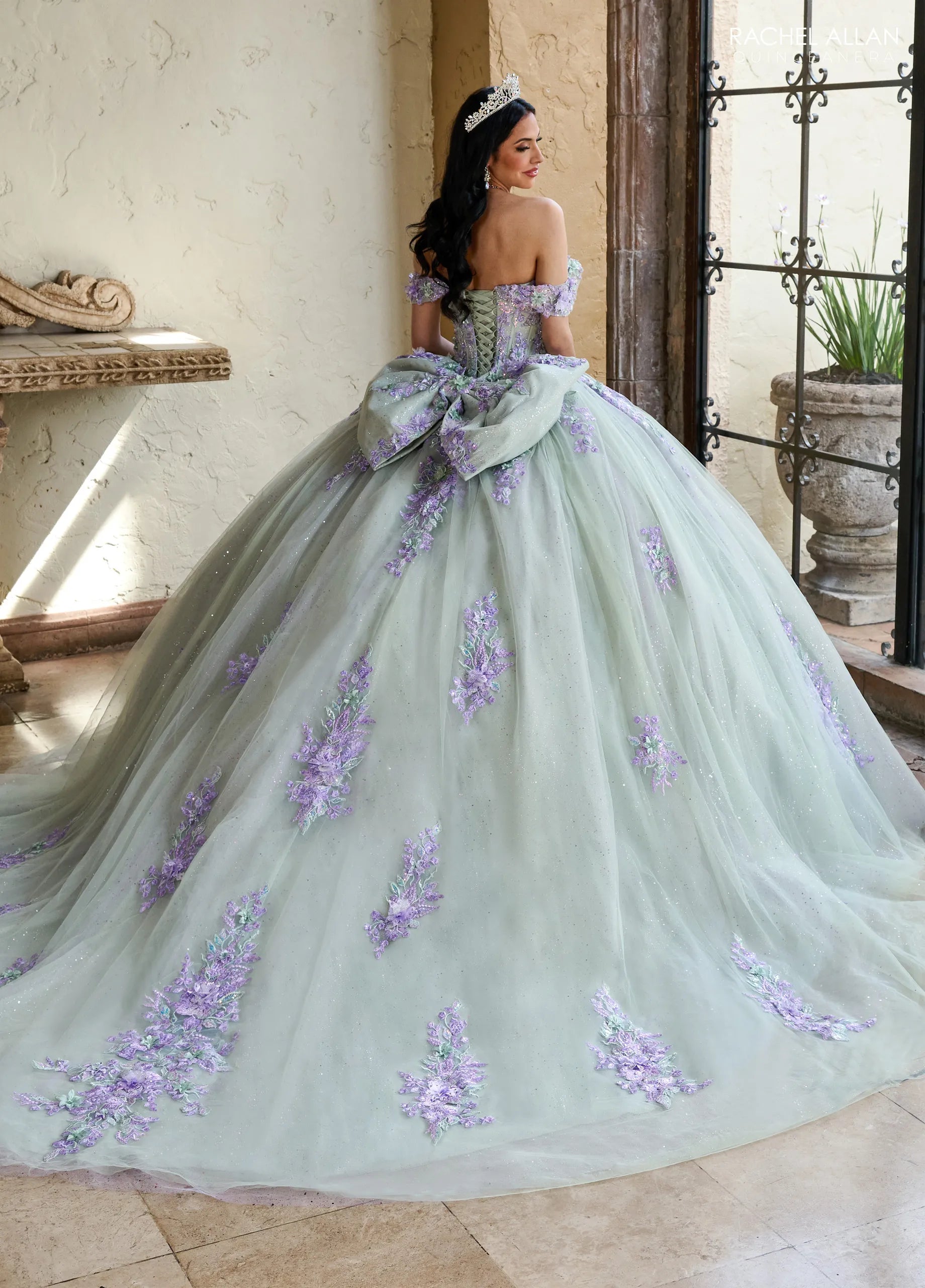 Sage Multi Off the Shoulder Floor Length Glitter Tulle Quinceanera Ball Gown with Floral Embroidery Rachel Allan RQ1153