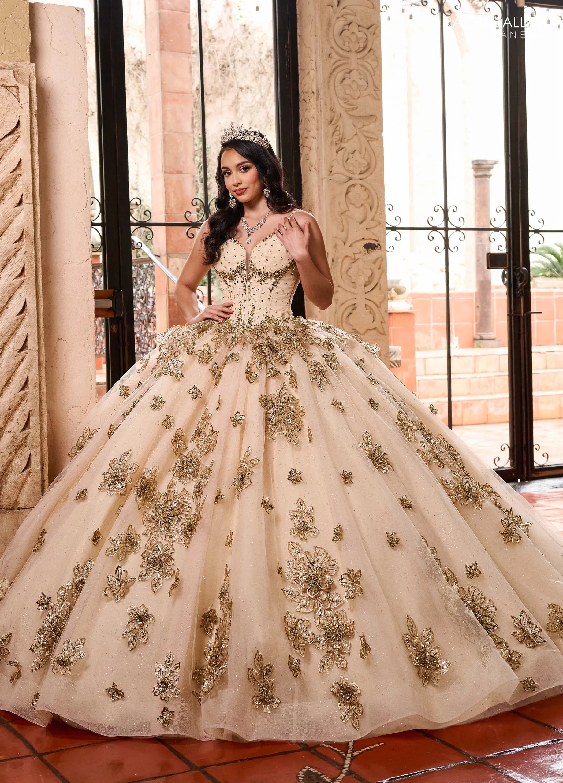 Champagne Rose Gold Sweetheart Floor Length Glitter Tulle Quinceanera Ball Gown with Embroidery Rachel Allan RQ1149