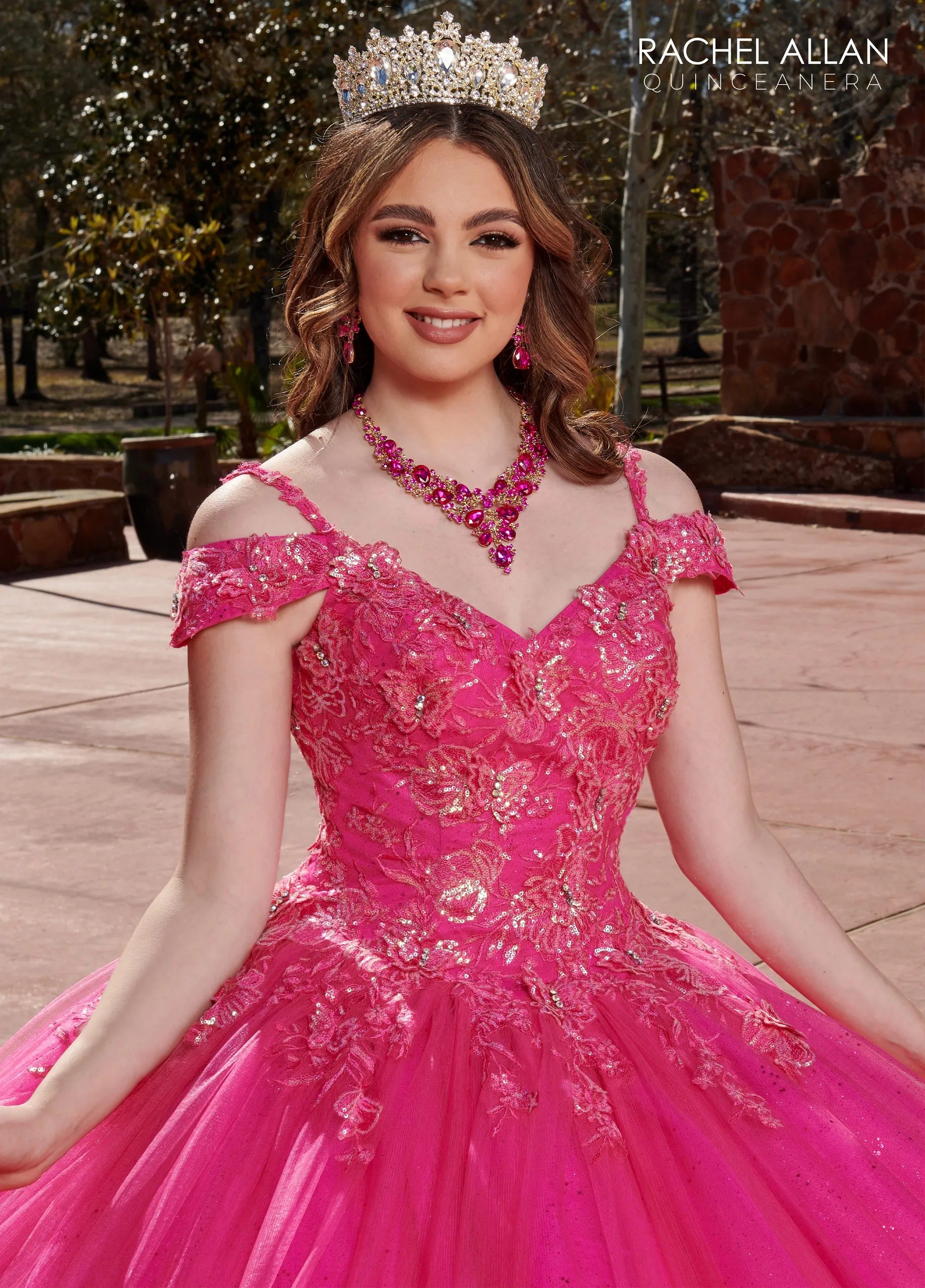 Fuchsia V Neck Floor-Length Glitter Tulle Quinceanera Ball Gown with 3D Butterflies Rachel Allan RQ1126
