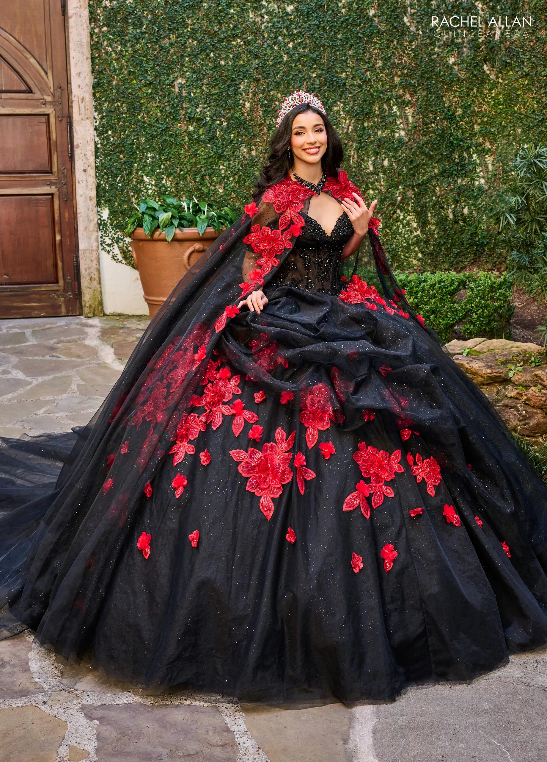 Black Red Sweetheart Floor Length Tulle Quinceanera Ball Gown with Floral Applique Cape Rachel Allan RQ1144