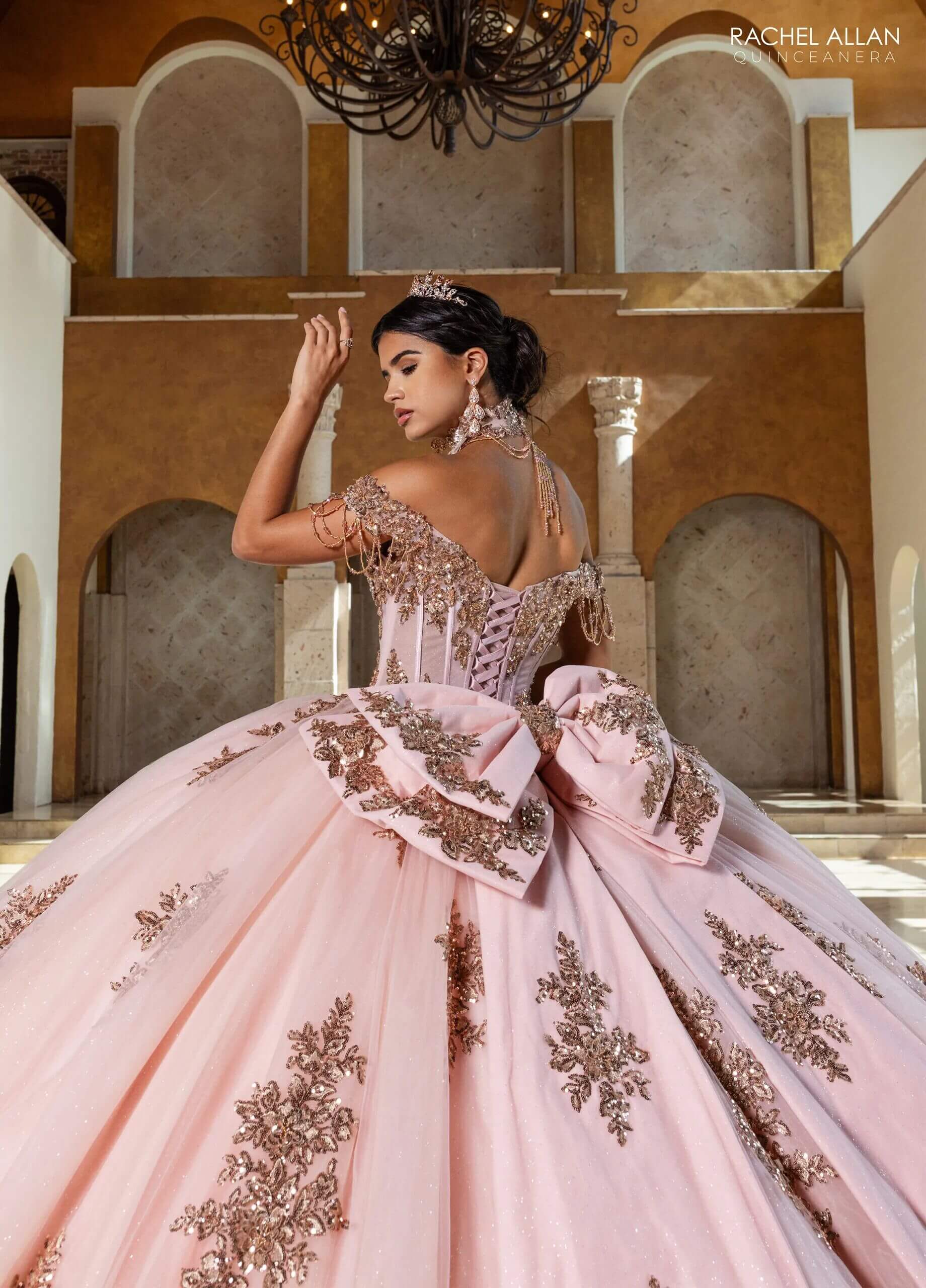 Rose Gold Off the Shoulder Floor Length Glitter Tulle Quinceanera Ball Gown Rachel Allan RQ1183