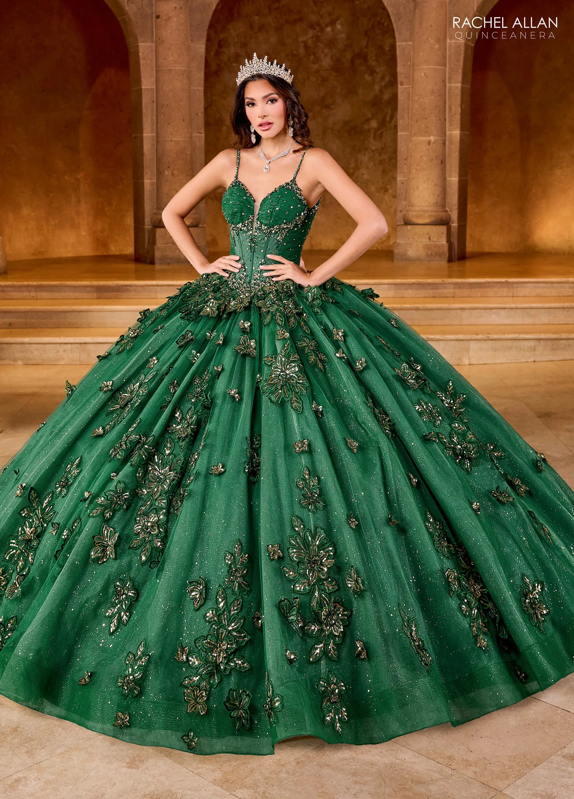 Emerald Gold Sweetheart Floor Length Glitter Tulle Quinceanera Ball Gown with Embroidery Rachel Allan RQ1149