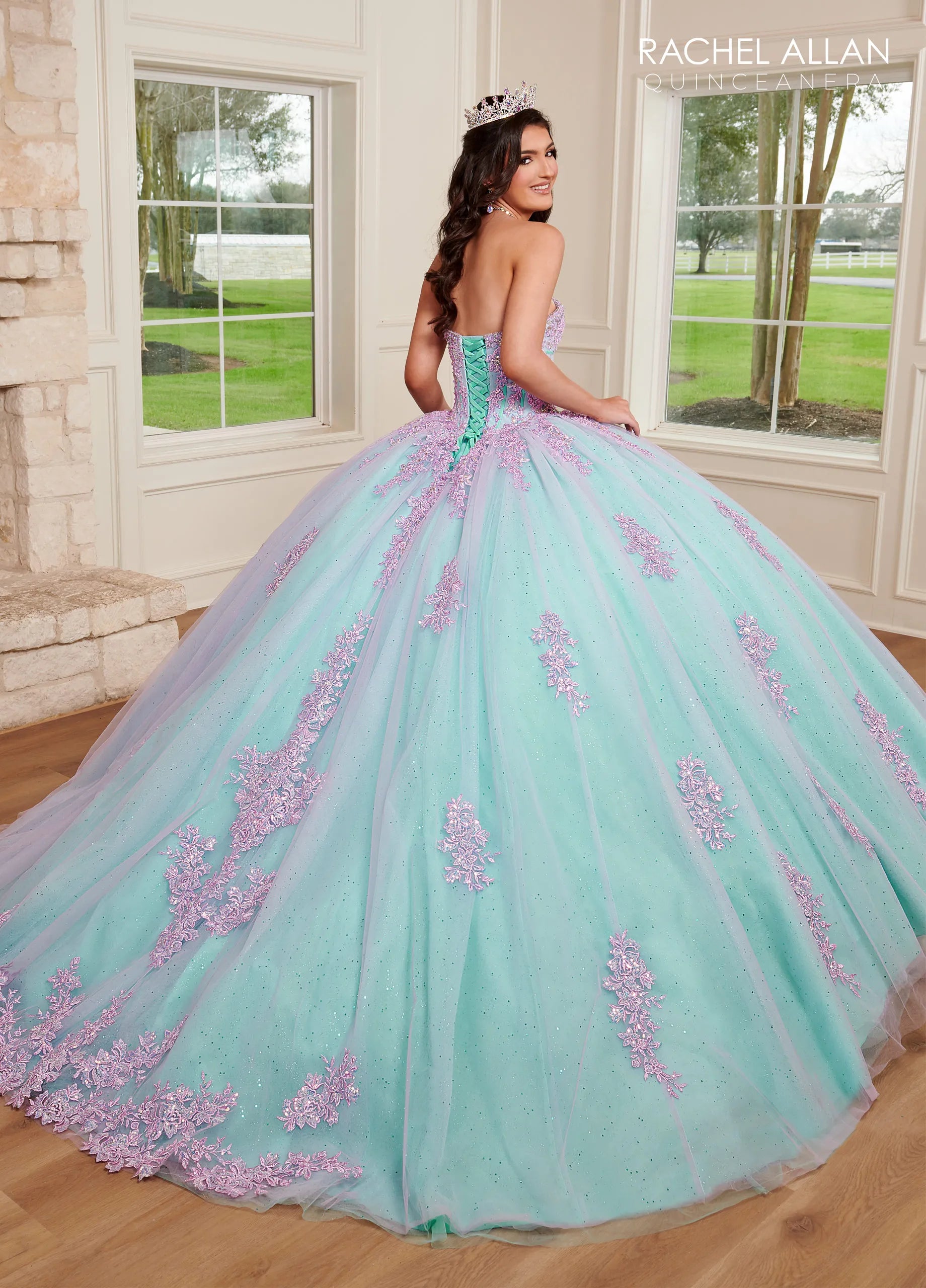 Lilac Aqua Sweetheart Floor-Length Glitter Tulle Quinceanera Ball Gown with Detachable Bell Sleeves Rachel Allan RQ1120