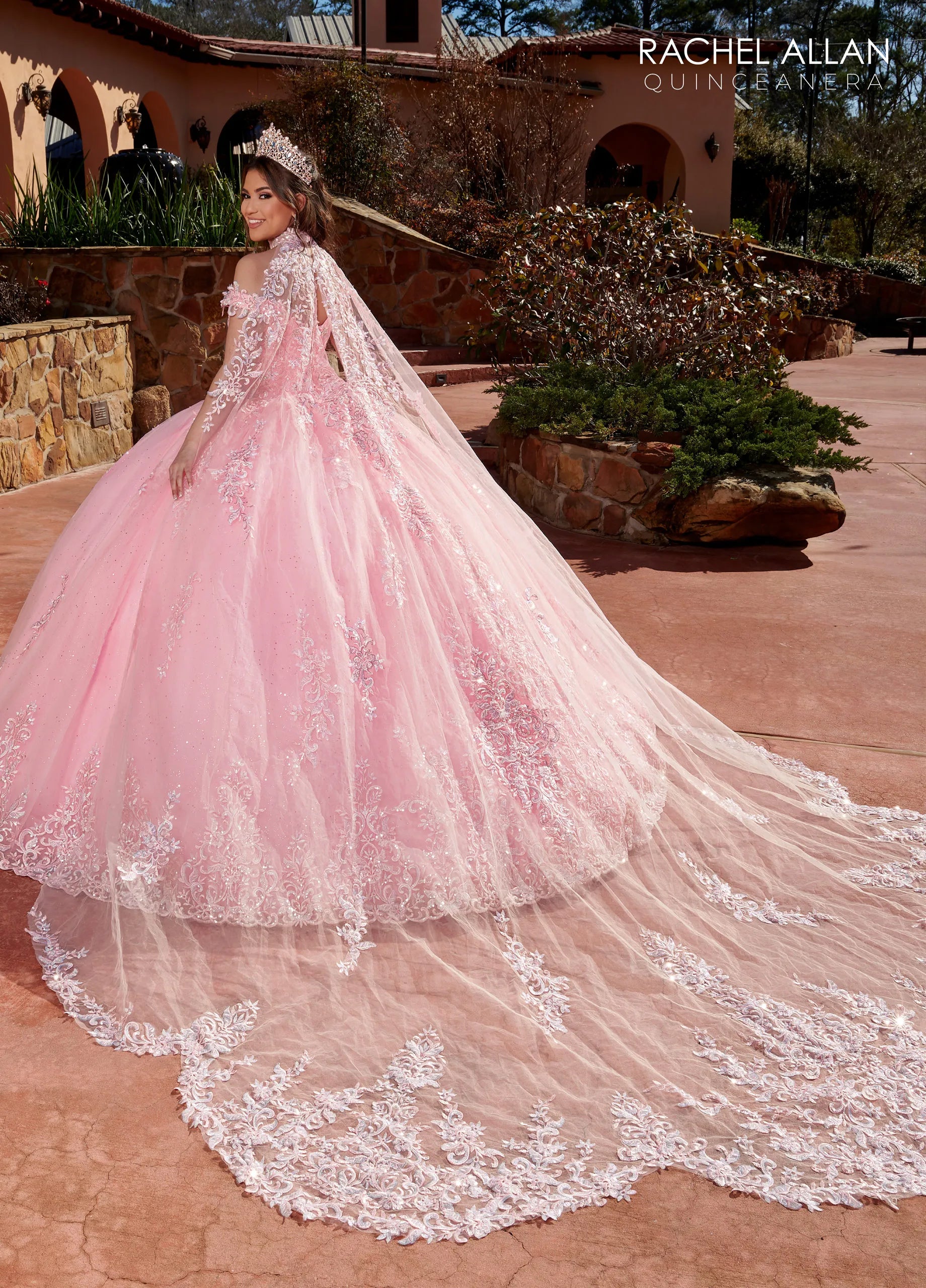 Pink Off-the-Shoulder Floor-Length Glitter Tulle Quinceañera Gown with Lace Appliqué Beading and Lace-Up Back Rachel Allan RQ1121