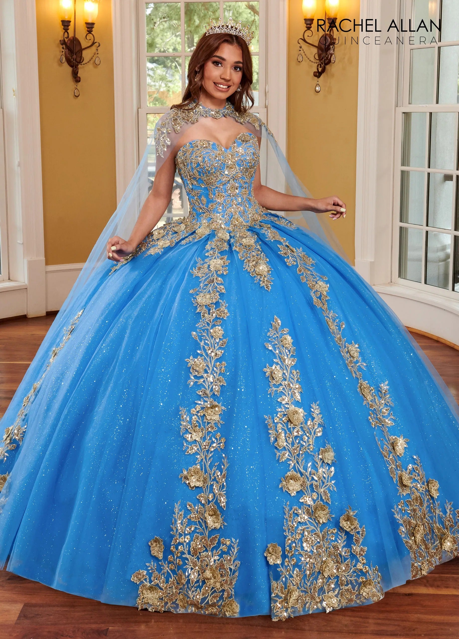 Azure Gold Sweetheart Floor Length Glitter Tulle Quinceanera Ball Gown with Detachable Cape Rachel Allan RQ1111