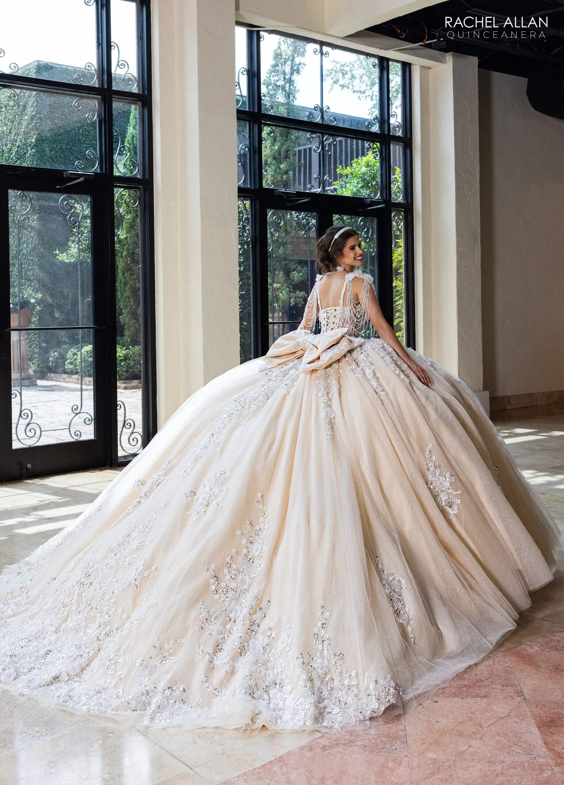 Ivory Champagne Sweetheart Floor Length Glitter Tulle Quinceanera Ball Gown with Beaded Fringe Straps Rachel Allan RQ1182