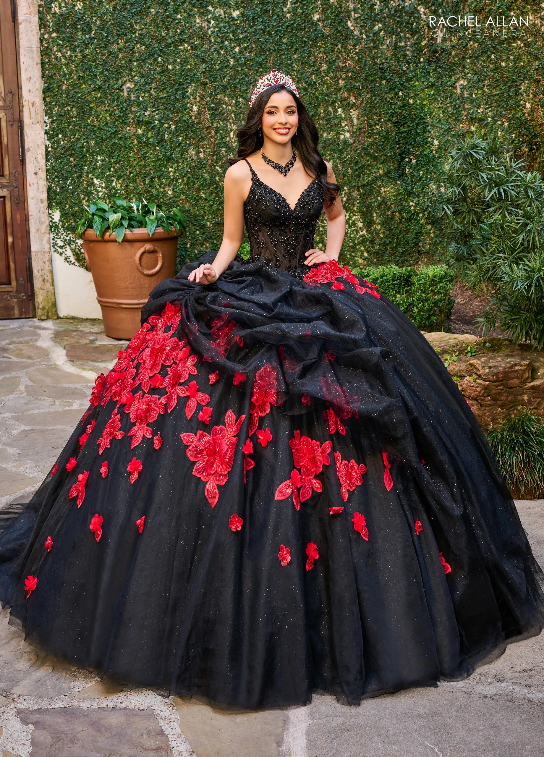 Black Red Sweetheart Floor Length Tulle Quinceanera Ball Gown with Floral Applique Cape Rachel Allan RQ1144
