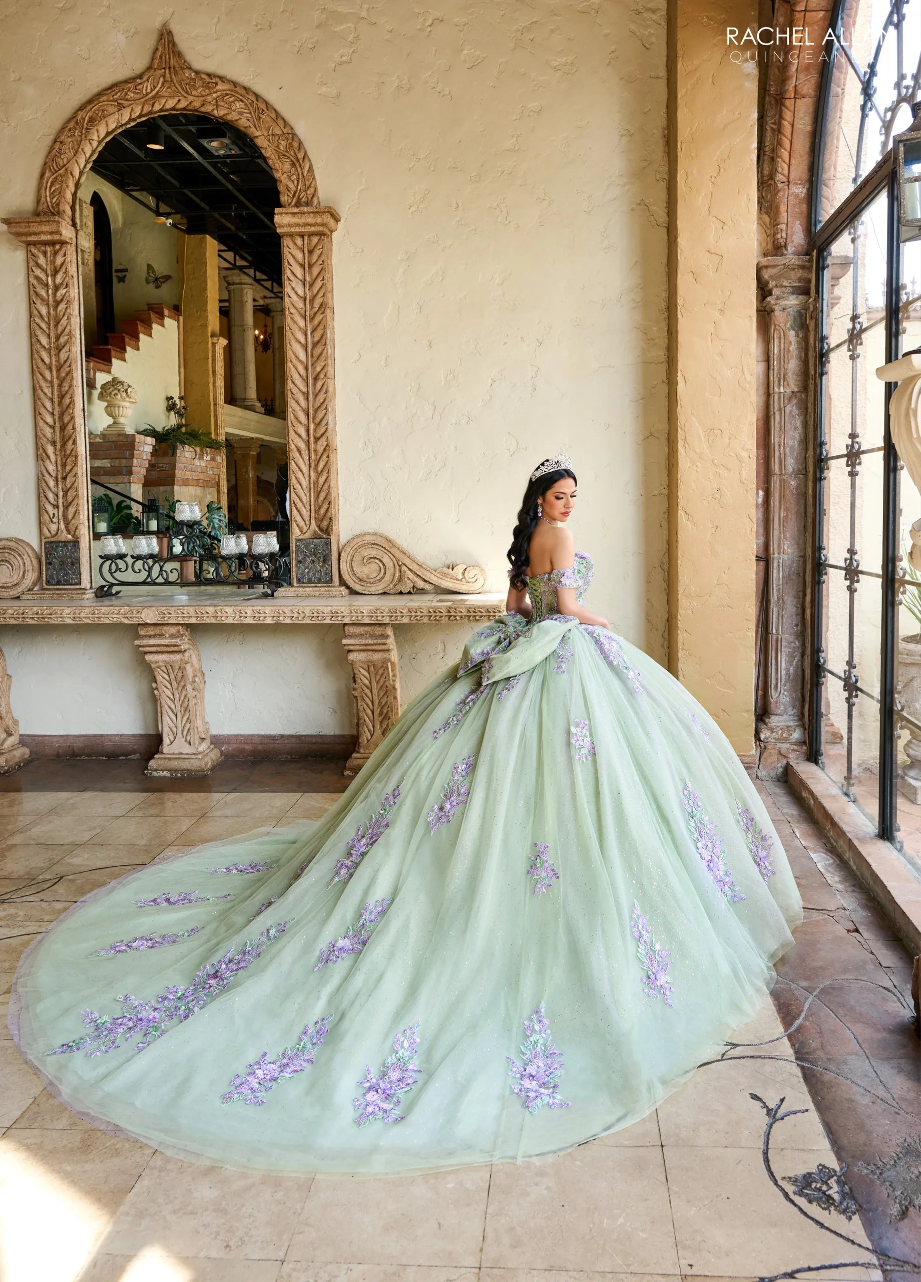 Sage Multi Off the Shoulder Floor Length Glitter Tulle Quinceanera Ball Gown with Floral Embroidery Rachel Allan RQ1153