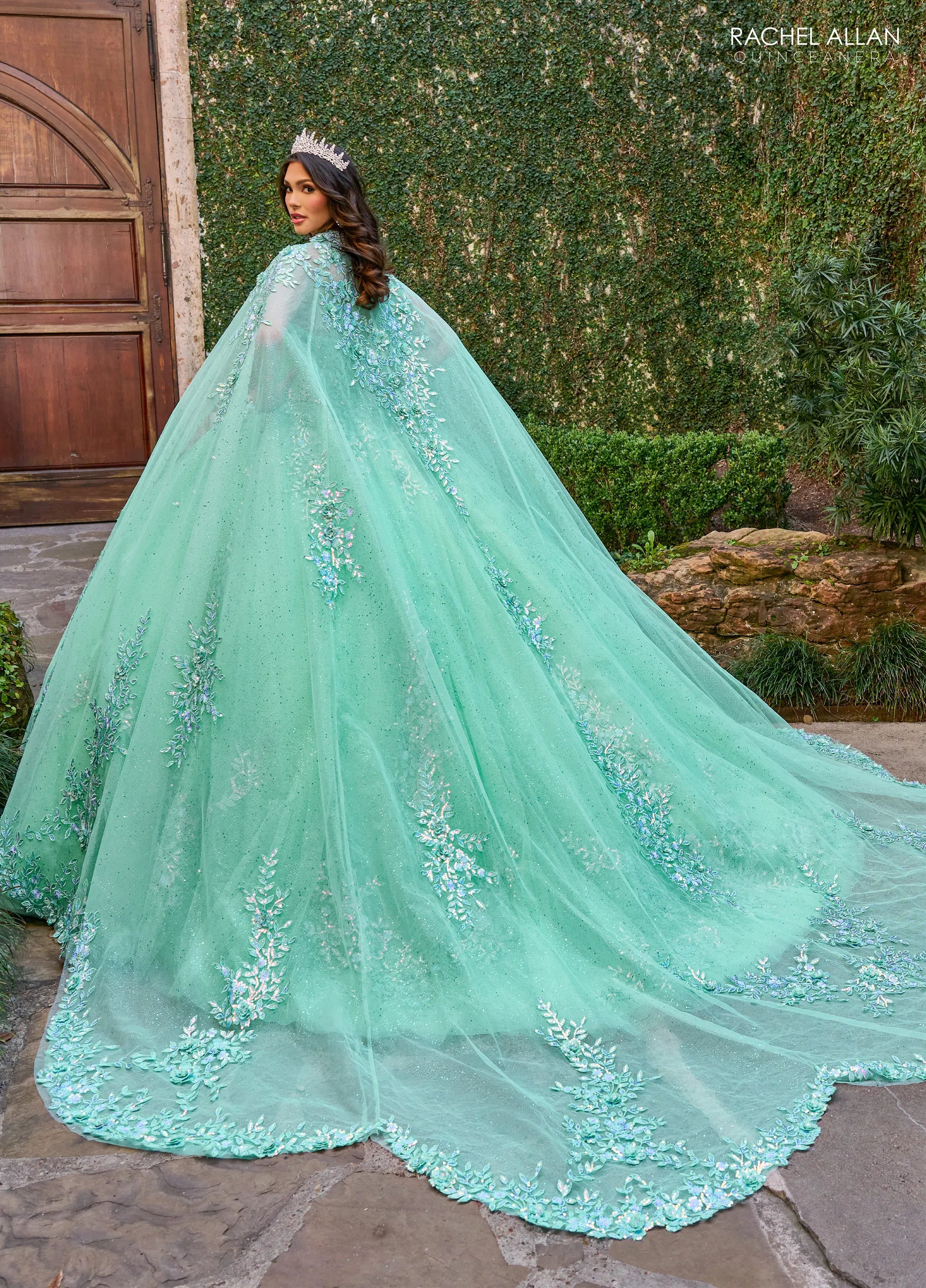Mint Multi Sweetheart Floor Length Tulle Quinceanera Ball Gown with Floral Applique Rachel Allan RQ1148