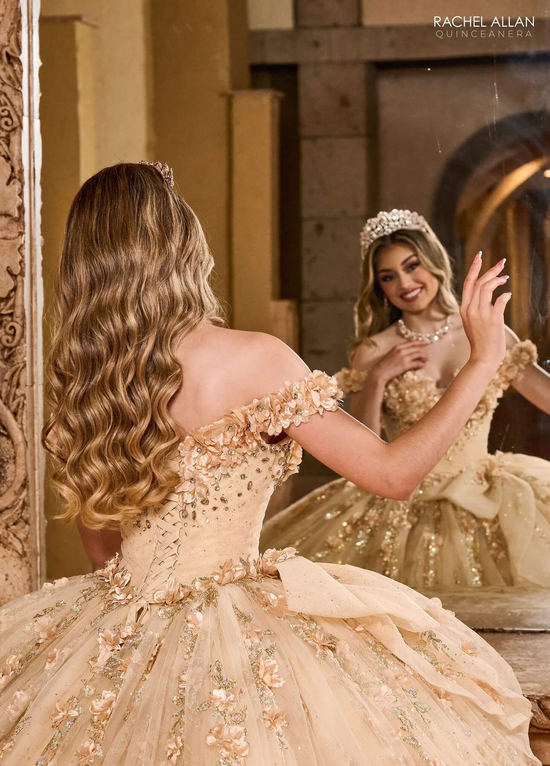 Champagne Gold Off the Shoulder Floor Length Tulle Quinceanera Ball Gown with Floral Appliqué Rachel Allan RQ1141
