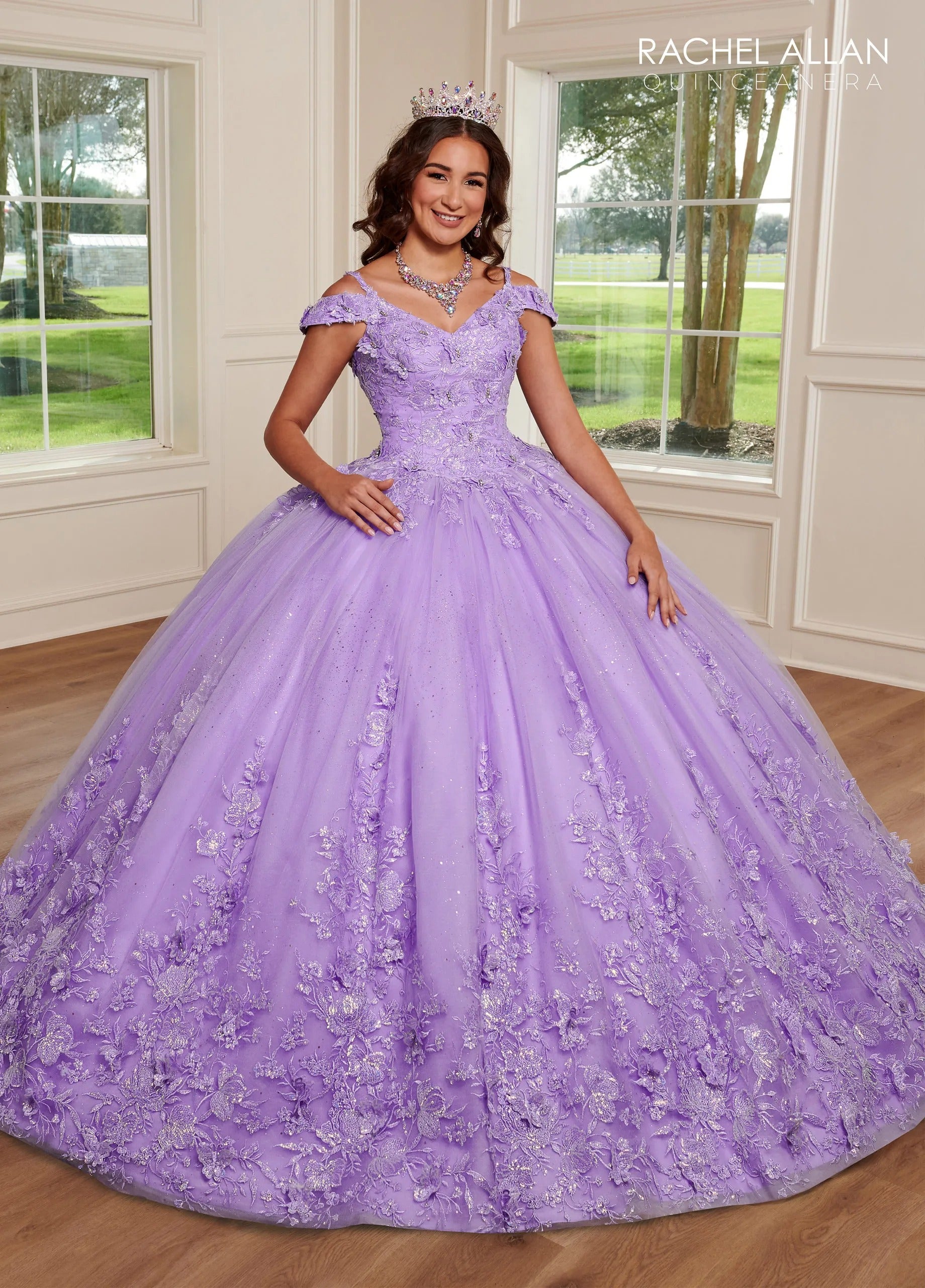 Lilac V Neck Floor-Length Glitter Tulle Quinceanera Ball Gown with 3D Butterflies Rachel Allan RQ1126