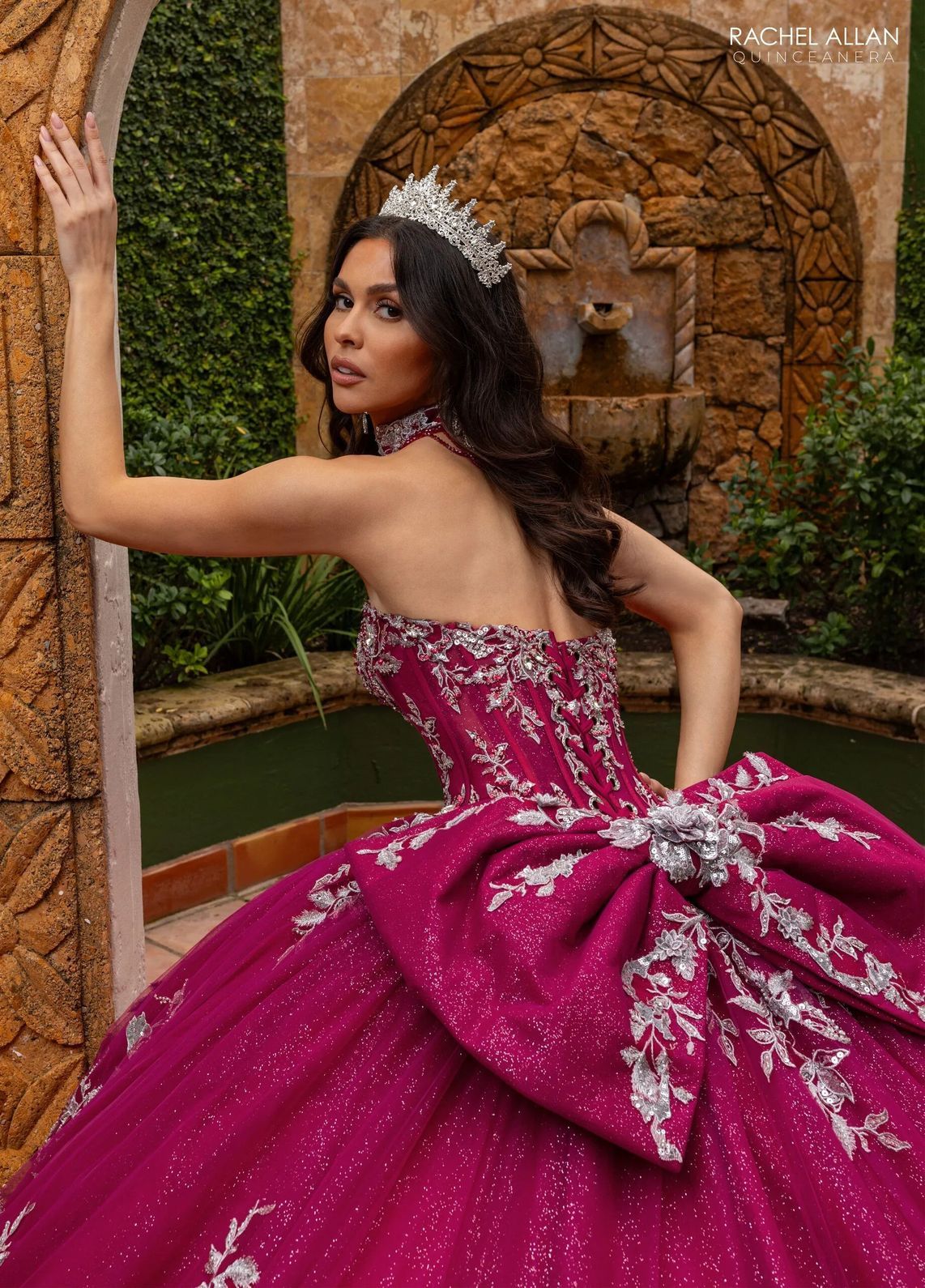 Burgundy Gunmetal Sweetheart Floor Length Glitter Tulle Quinceanera Ball Gown with 3D Floral Applique Rachel Allan RQ1168