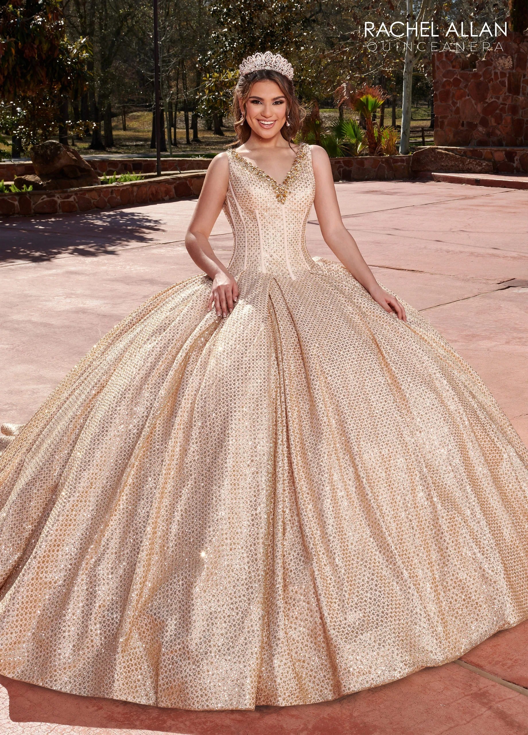 Rose Gold V Neck Floor Length Glitter Tulle Quinceanera Ball Gown with Corset Bodice and Royal Train Rachel Allan RQ1127
